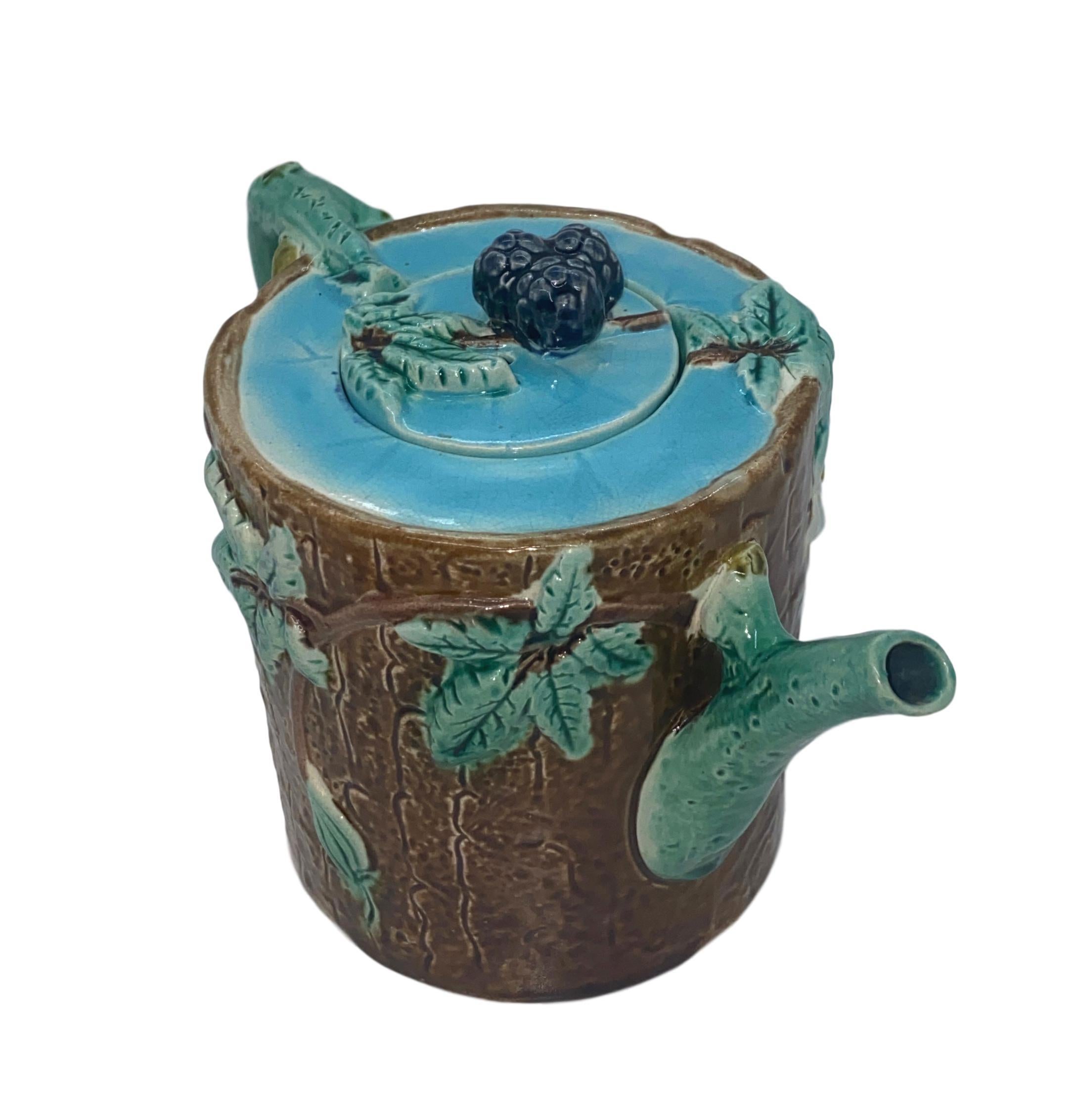 Molded Holdcroft Majolica Blackberry on Tree Trunk Teapot, Turquoise Blue Cover c. 1877 For Sale