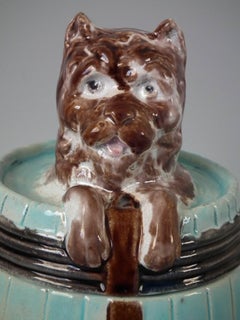 Majolica Dog in Barrel Tobacco Jar and Cover