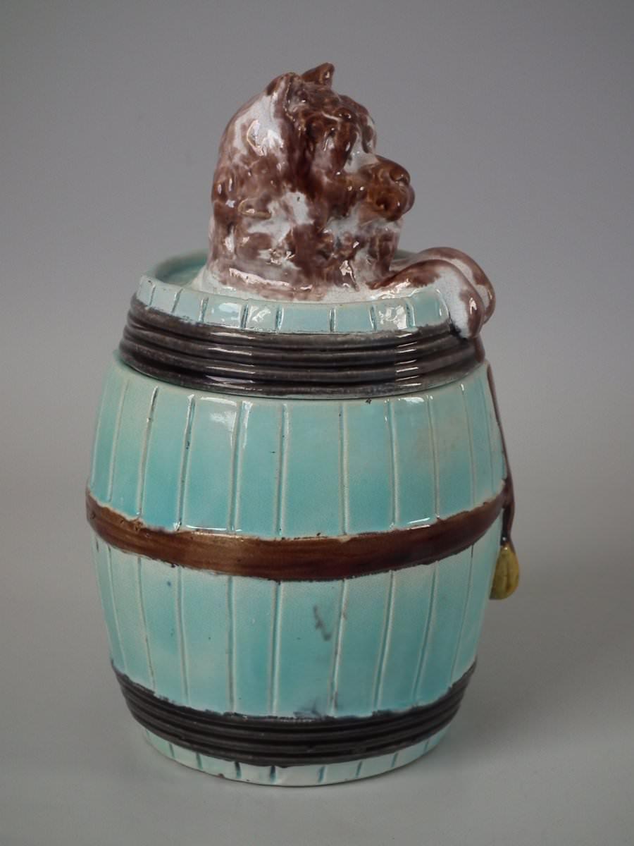 Glazed Majolica Dog in Barrel Tobacco Jar and Cover