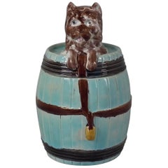 Antique Majolica Dog in Barrel Tobacco Jar and Cover