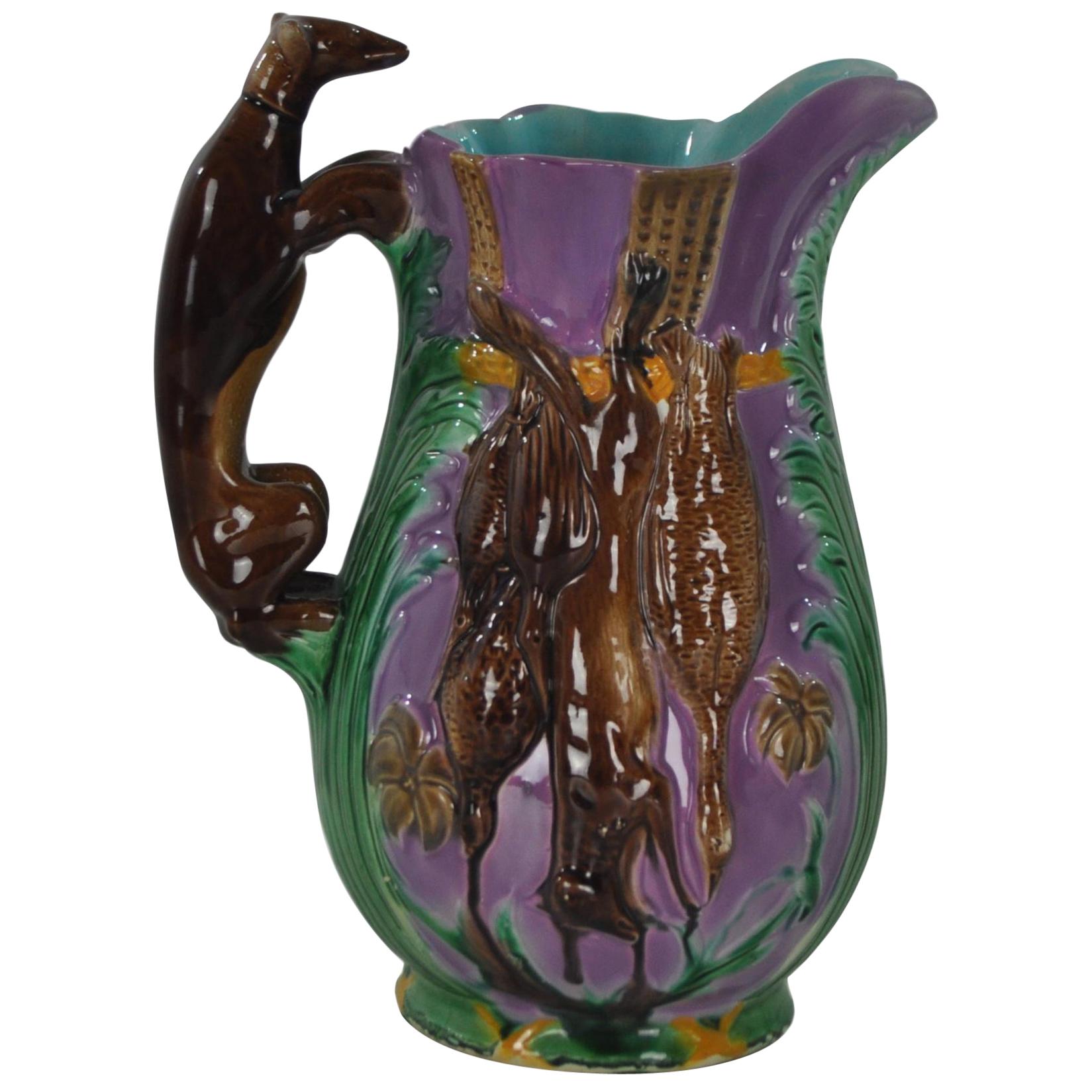 Holdcroft Majolica Game Jug Pitcher with Greyhound Handle, English, ca. 1875