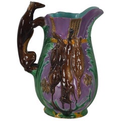 Holdcroft Majolica Game Jug Pitcher with Greyhound Handle, English, ca. 1875