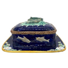 Holdcroft Majolica Sardine Box with Fish and Water Lilies on Cobalt, Ca. 1875