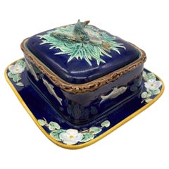 Holdcroft Majolica Sardine Box with Fish and Water Lilies on Cobalt, Ca. 1875