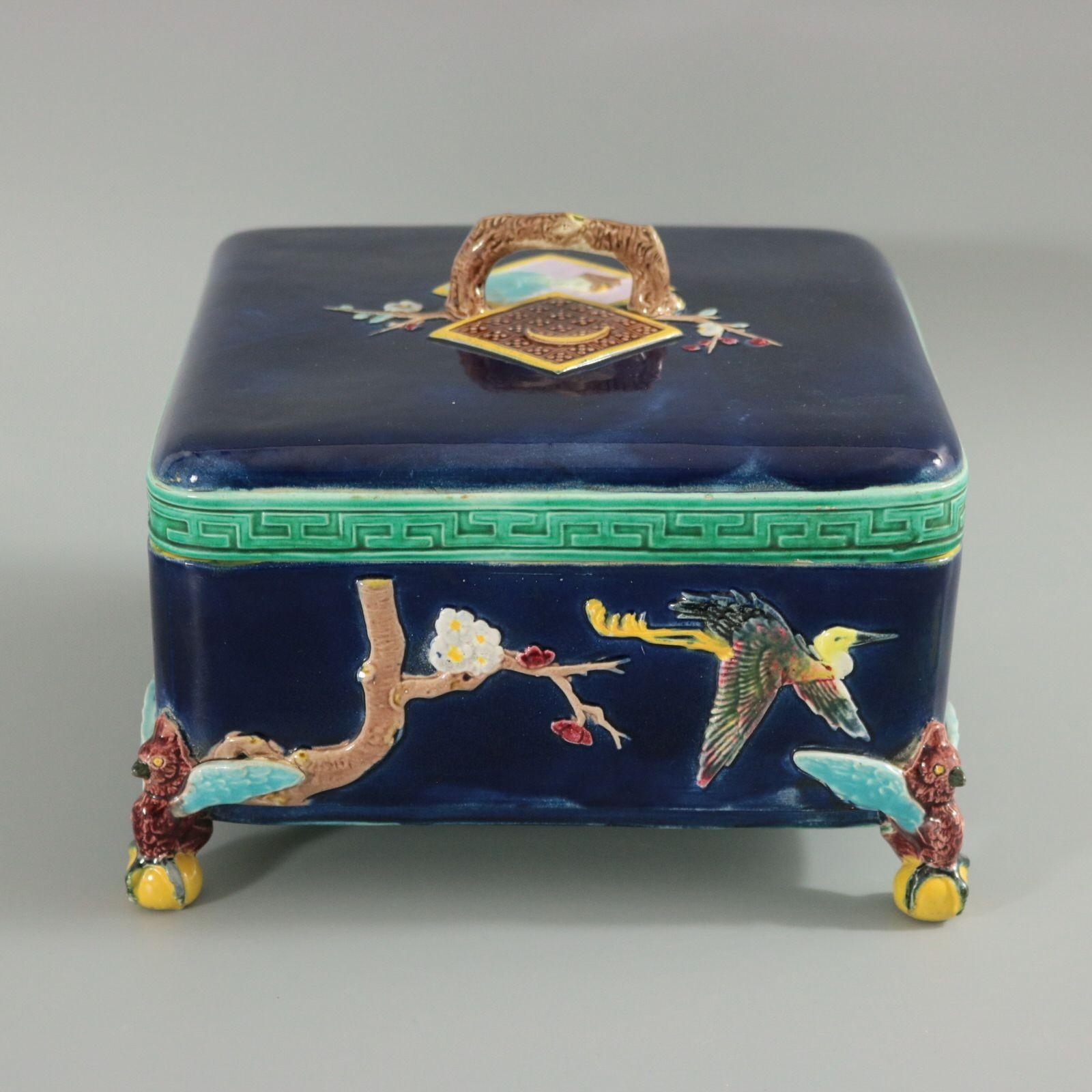 English Holdcroft Majolica Square Box and Cover For Sale
