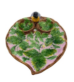 Holdcroft Majolica Strawberry Server with Bird, Cream and Sugar Wells, ca. 1875
