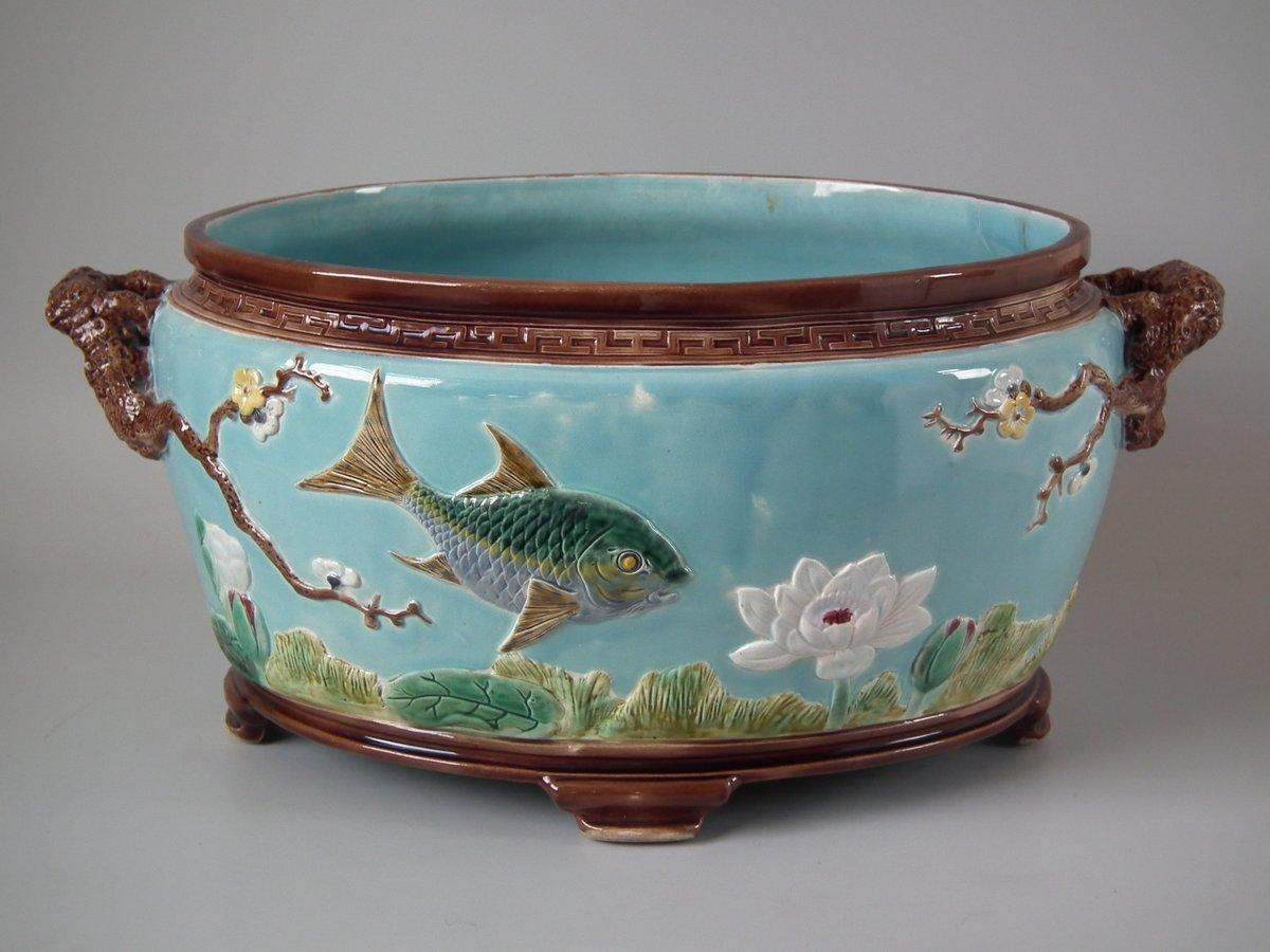 English Holdcroft Oval Majolica Fish and Lilies Jardinière