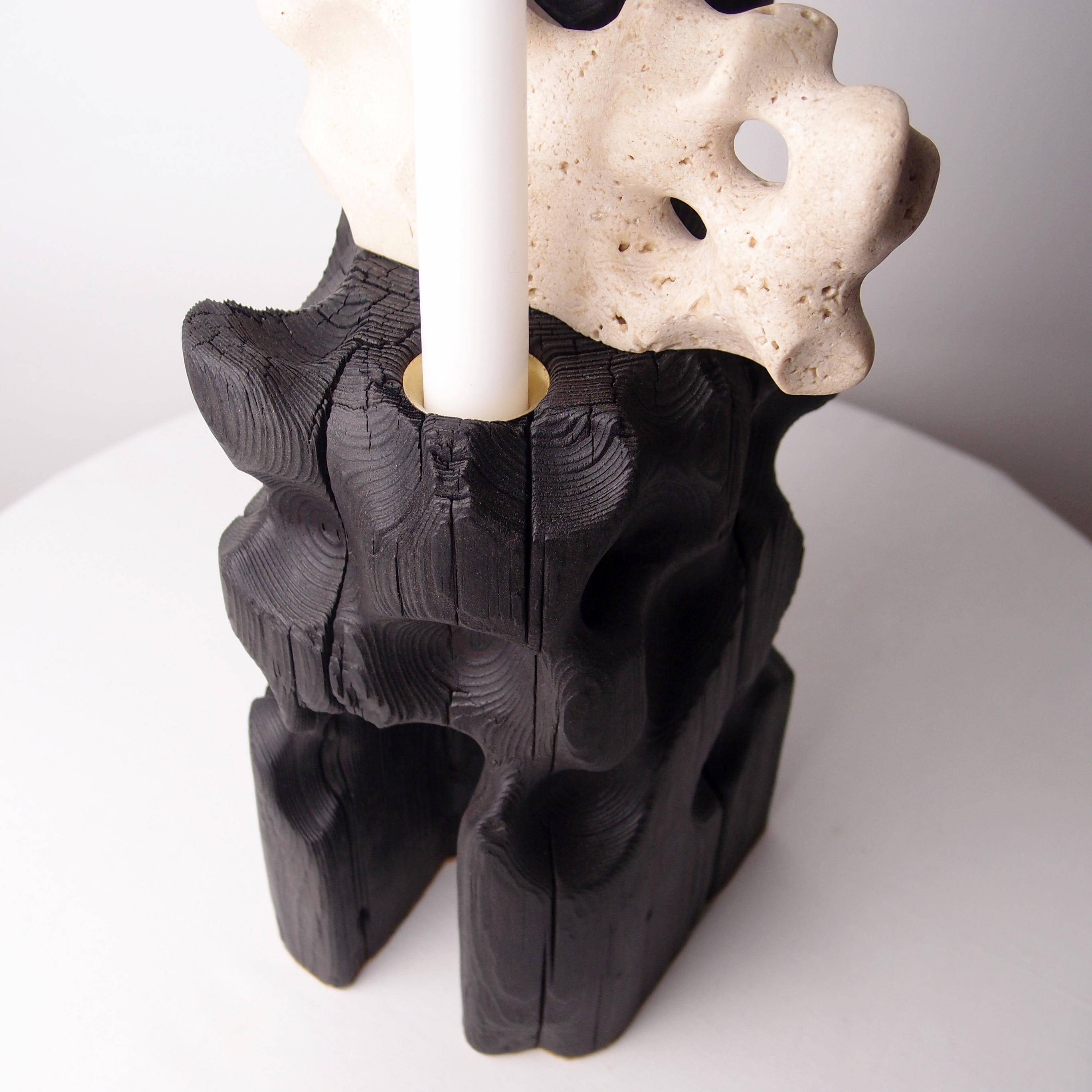 Holey Tower, Sculptured Candle Holder from Reclaimed Burned Wood and Limestone For Sale 3