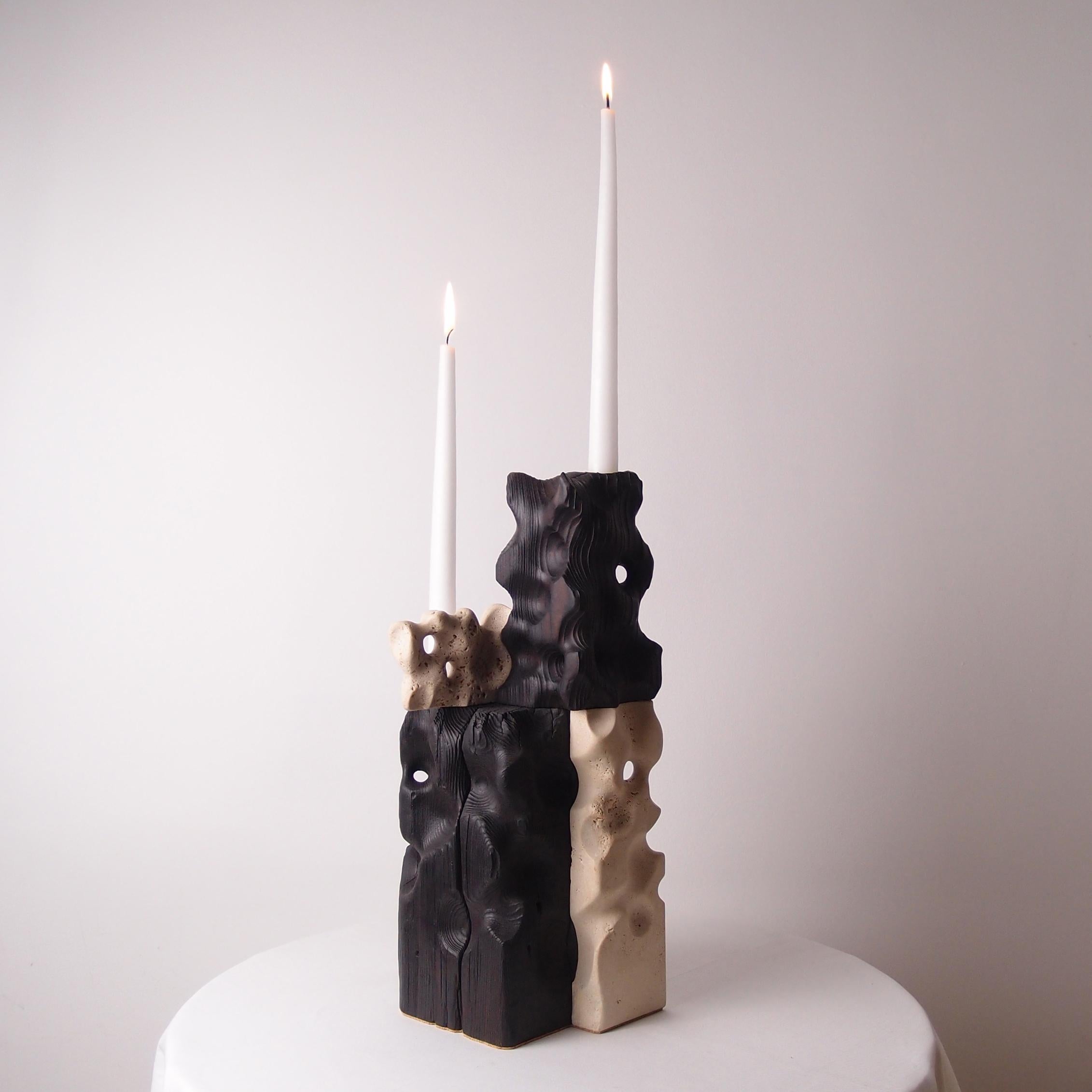 Organic Modern Holey Tower, Sculptured Candle Holder from Reclaimed Burned Wood and Limestone For Sale