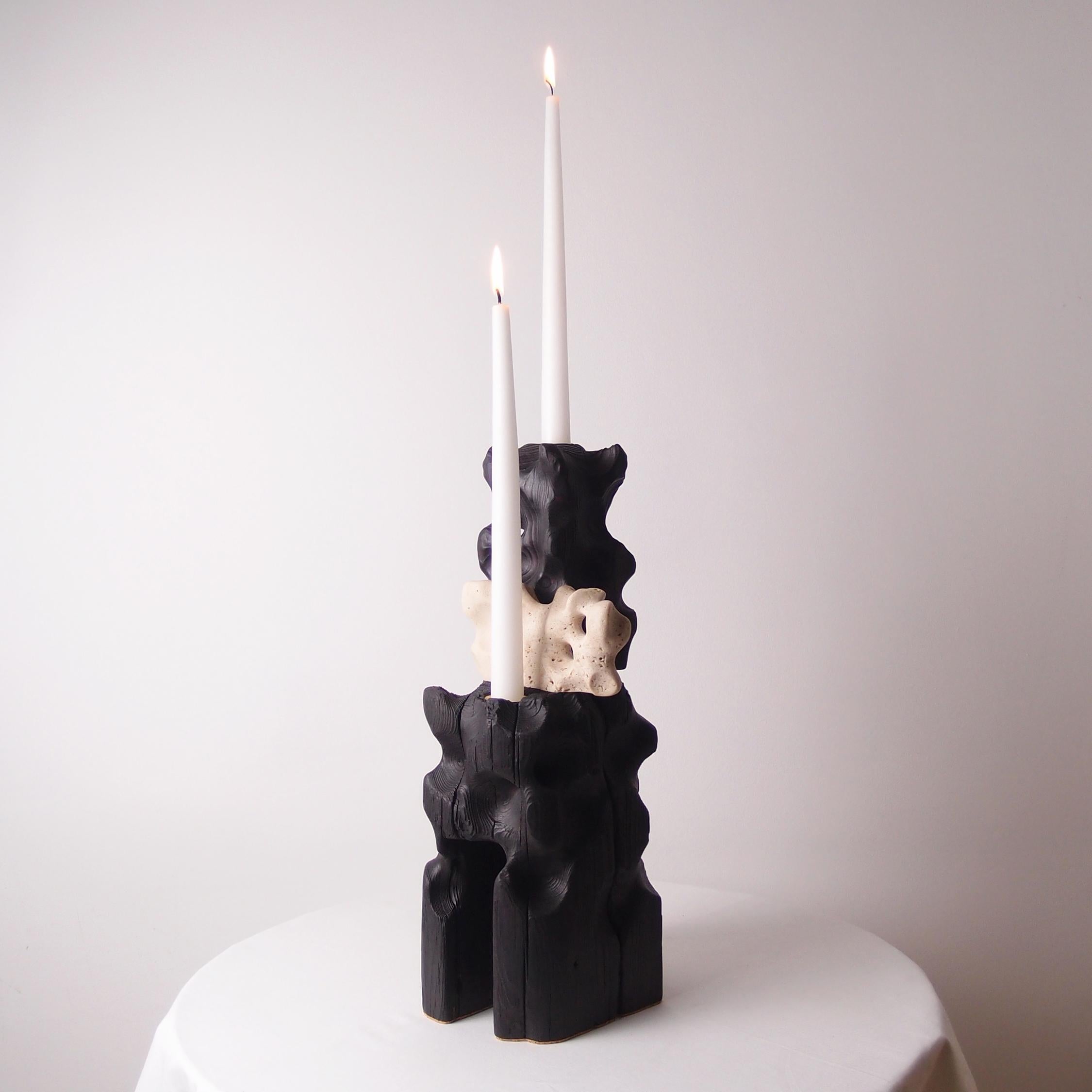 Hungarian Holey Tower, Sculptured Candle Holder from Reclaimed Burned Wood and Limestone For Sale