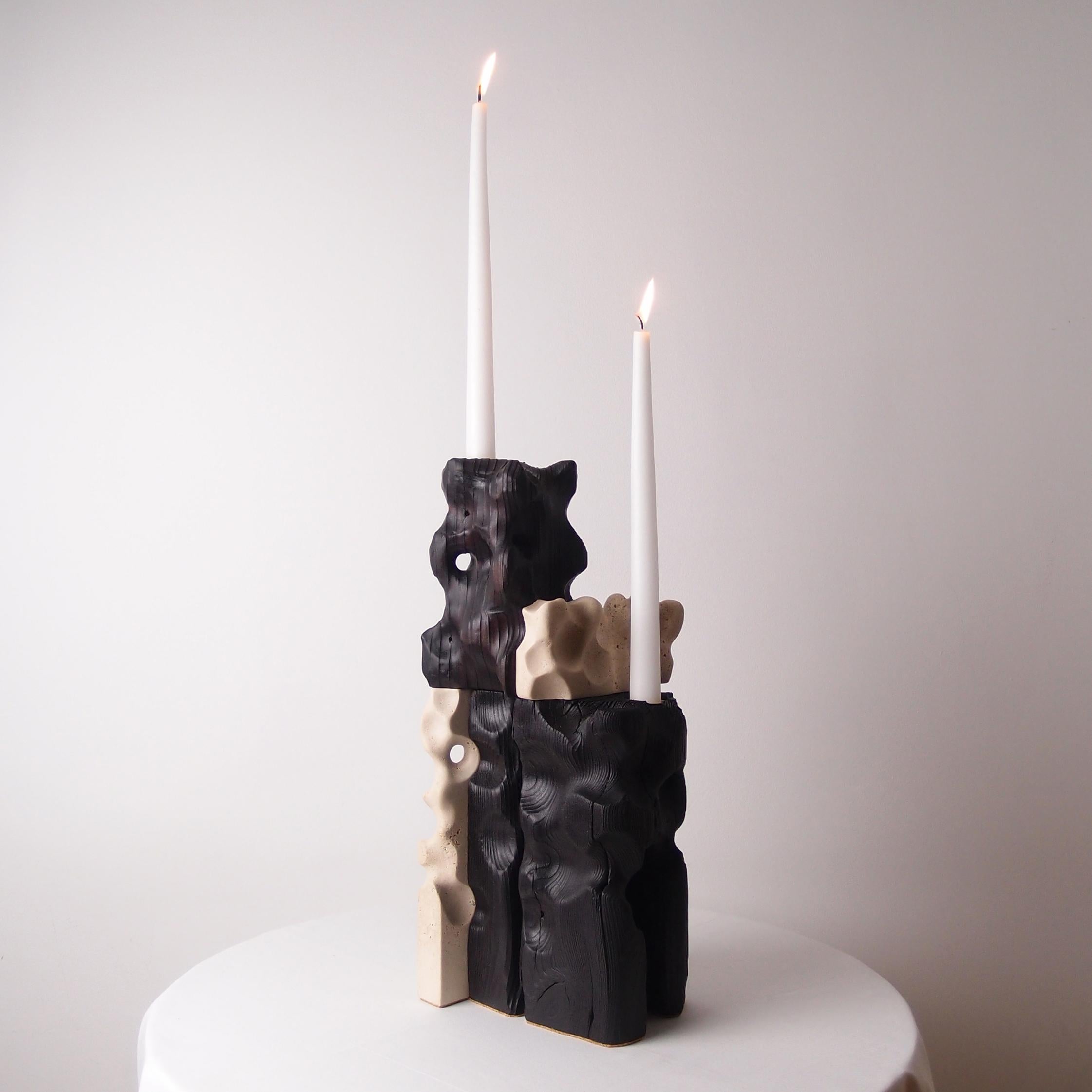 Blackened Holey Tower, Sculptured Candle Holder from Reclaimed Burned Wood and Limestone For Sale