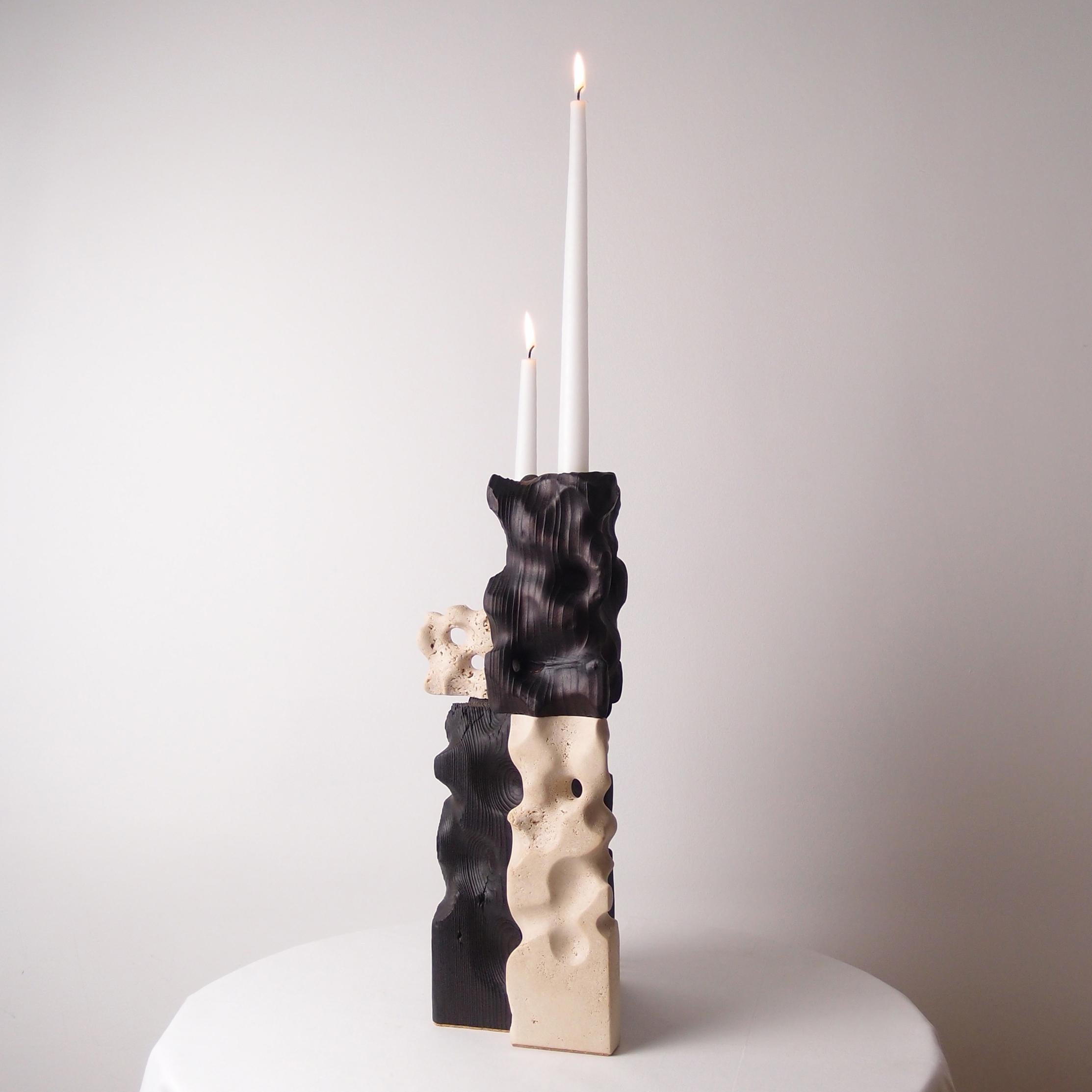 Holey Tower, Sculptured Candle Holder from Reclaimed Burned Wood and Limestone In New Condition For Sale In Budapest, HU