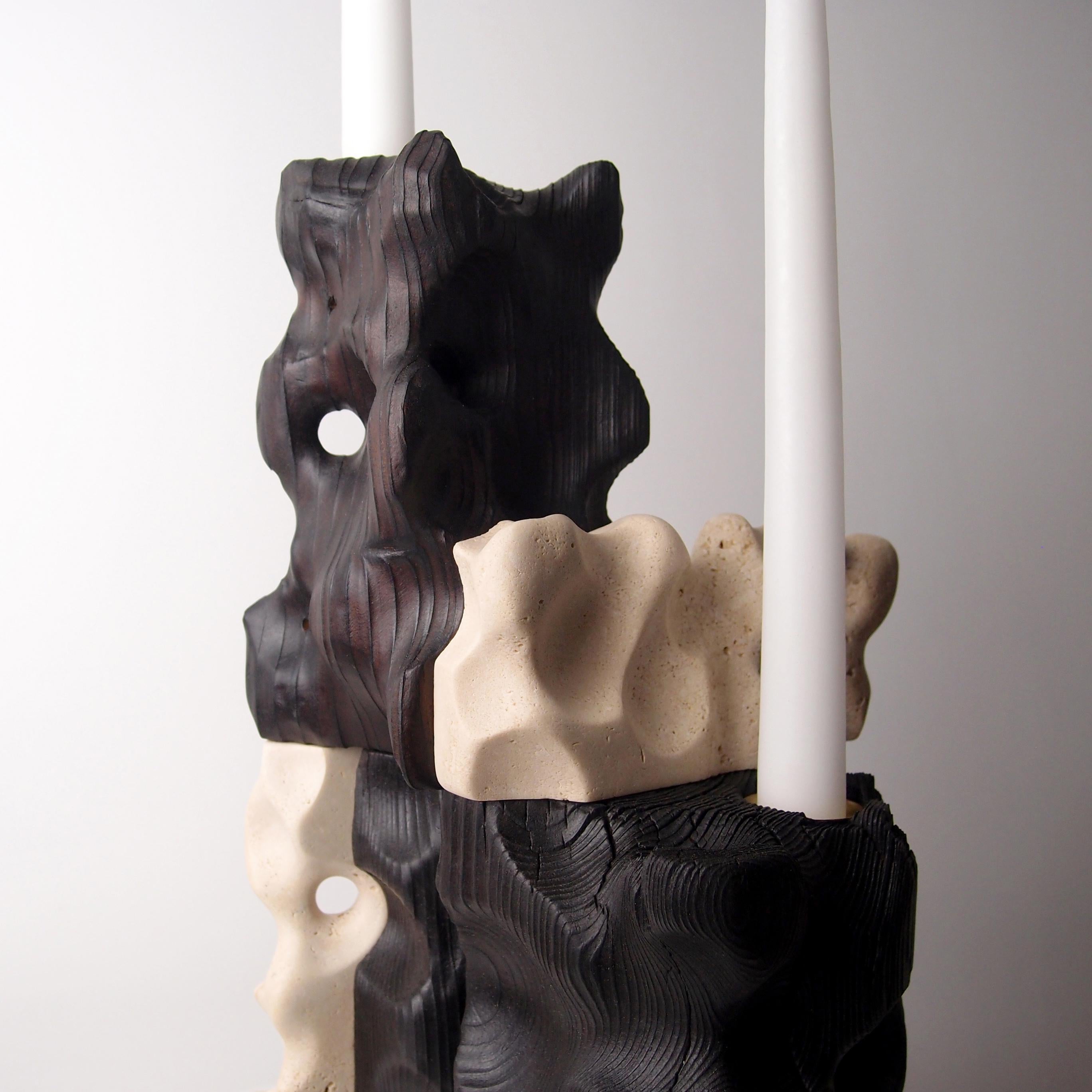 Holey Tower, Sculptured Candle Holder from Reclaimed Burned Wood and Limestone For Sale 1