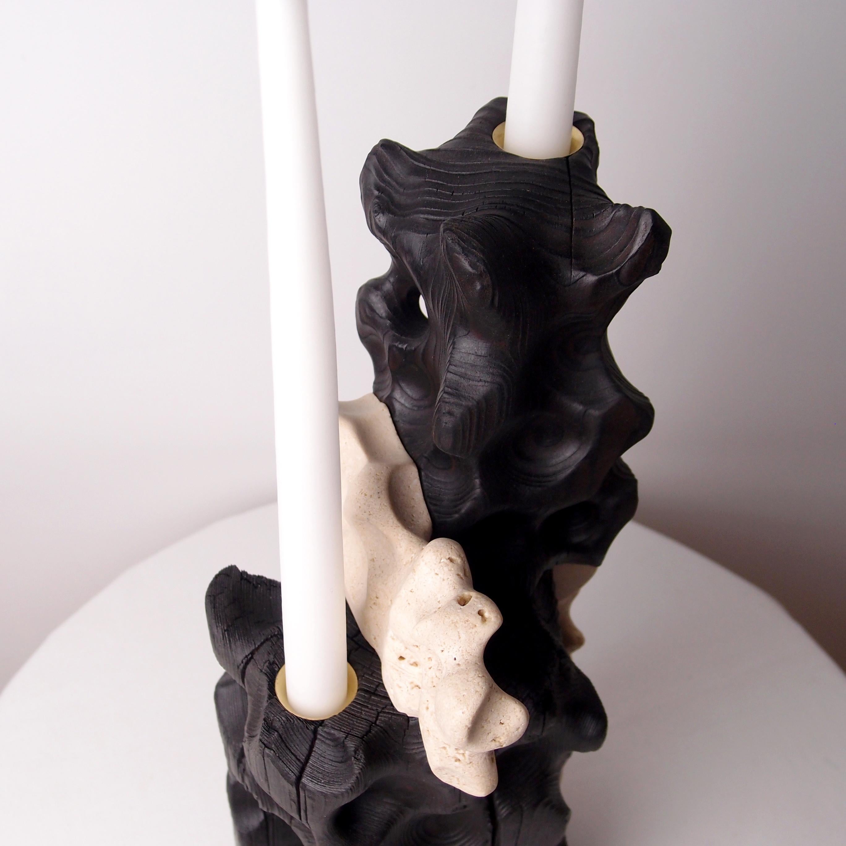 Holey Tower, Sculptured Candle Holder from Reclaimed Burned Wood and Limestone For Sale 2