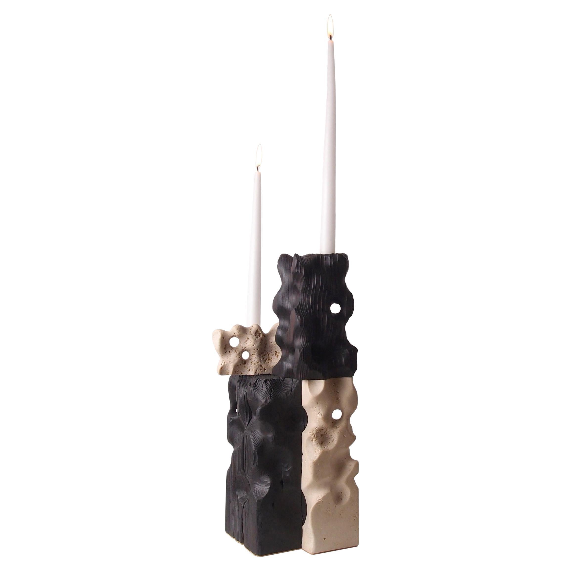 Holey Tower, Sculptured Candle Holder from Reclaimed Burned Wood and Limestone