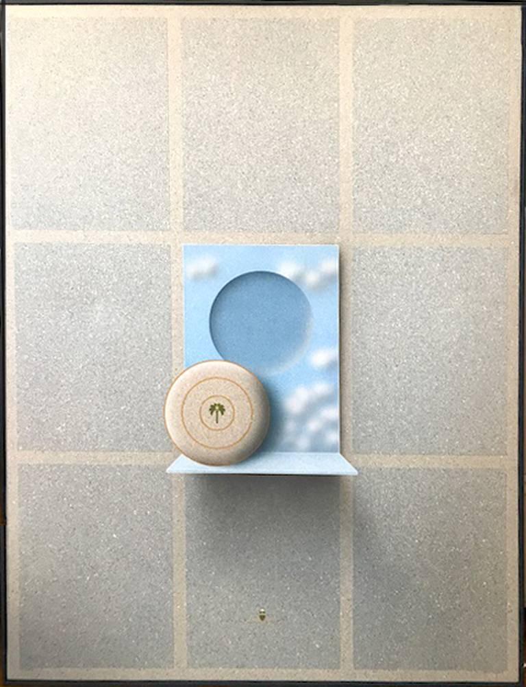Holger Bäckström Interior Painting - Disk Shelf II, Magritte-like Surreal Painting by Backstrom aka Beck & Jung