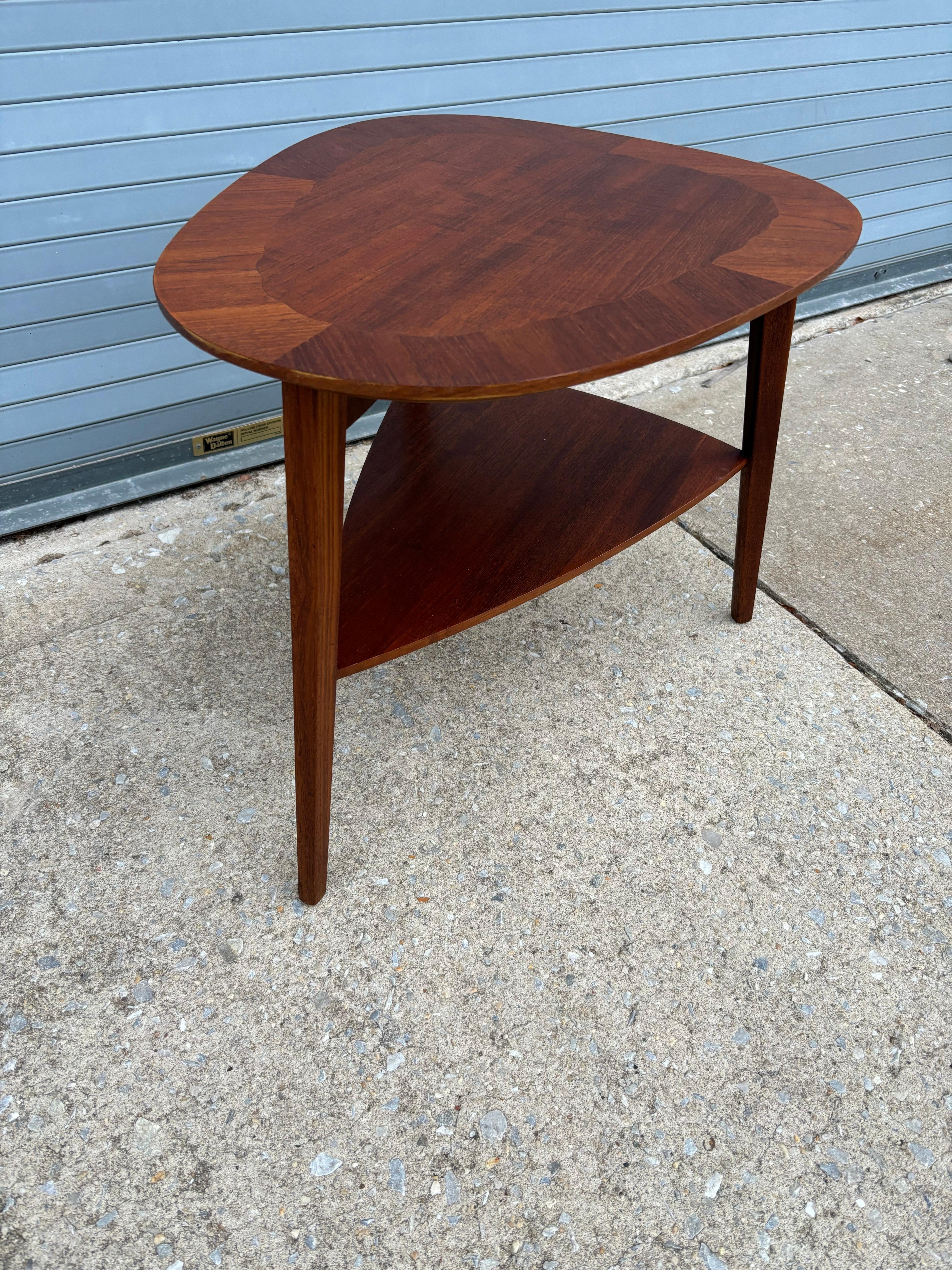 Holger Georg Jensen for Kubus Teak Tear Drop Shaped Two Level Side Table.  Nice Teak top with Great Edge Detail.  Original label to bottom!  Newly refinished and ready to go!  Great size, easy to fit into lots of spots.