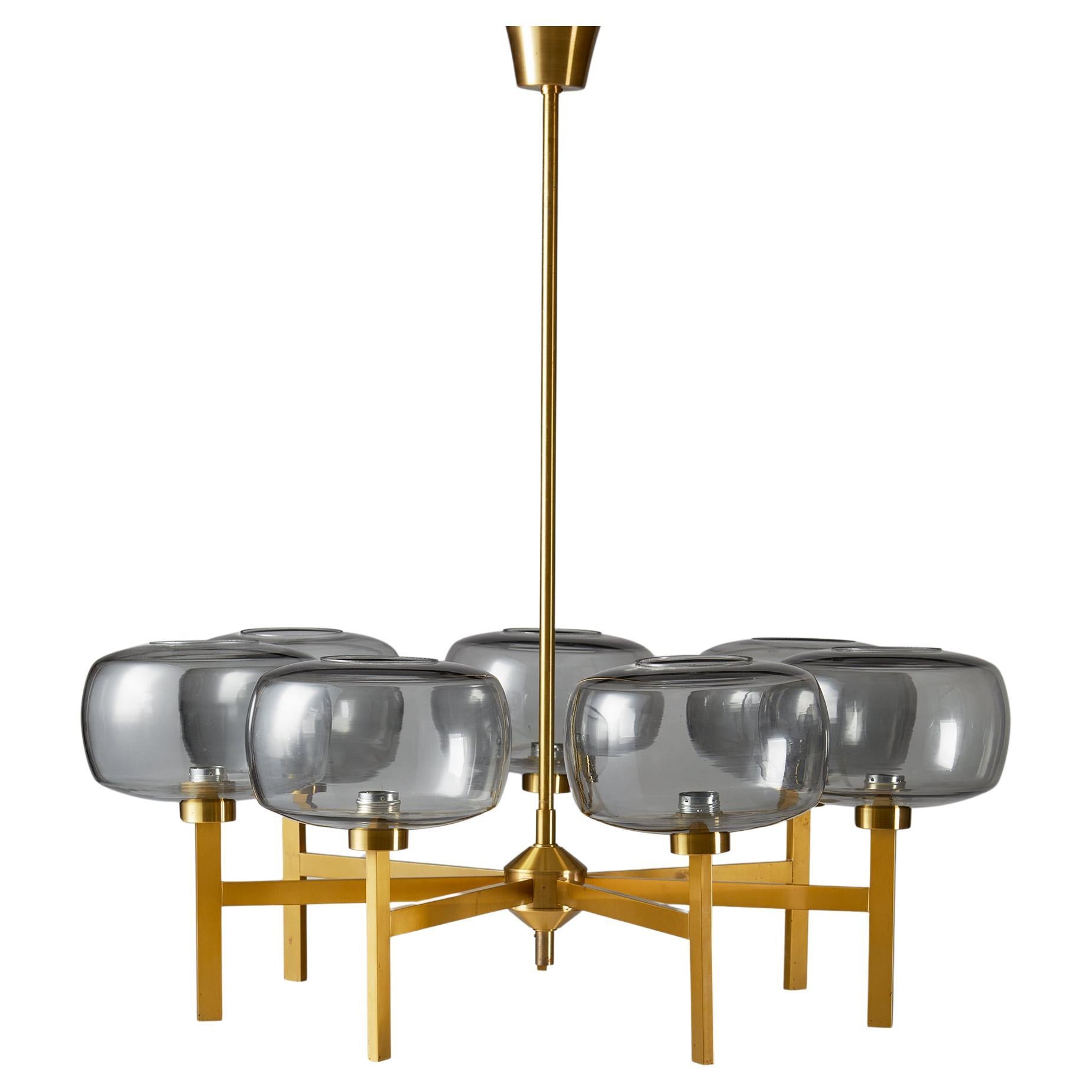 Holger Johansson Brass and Smoked Glass Ceiling Lamp for Westal, Sweden, 1960s