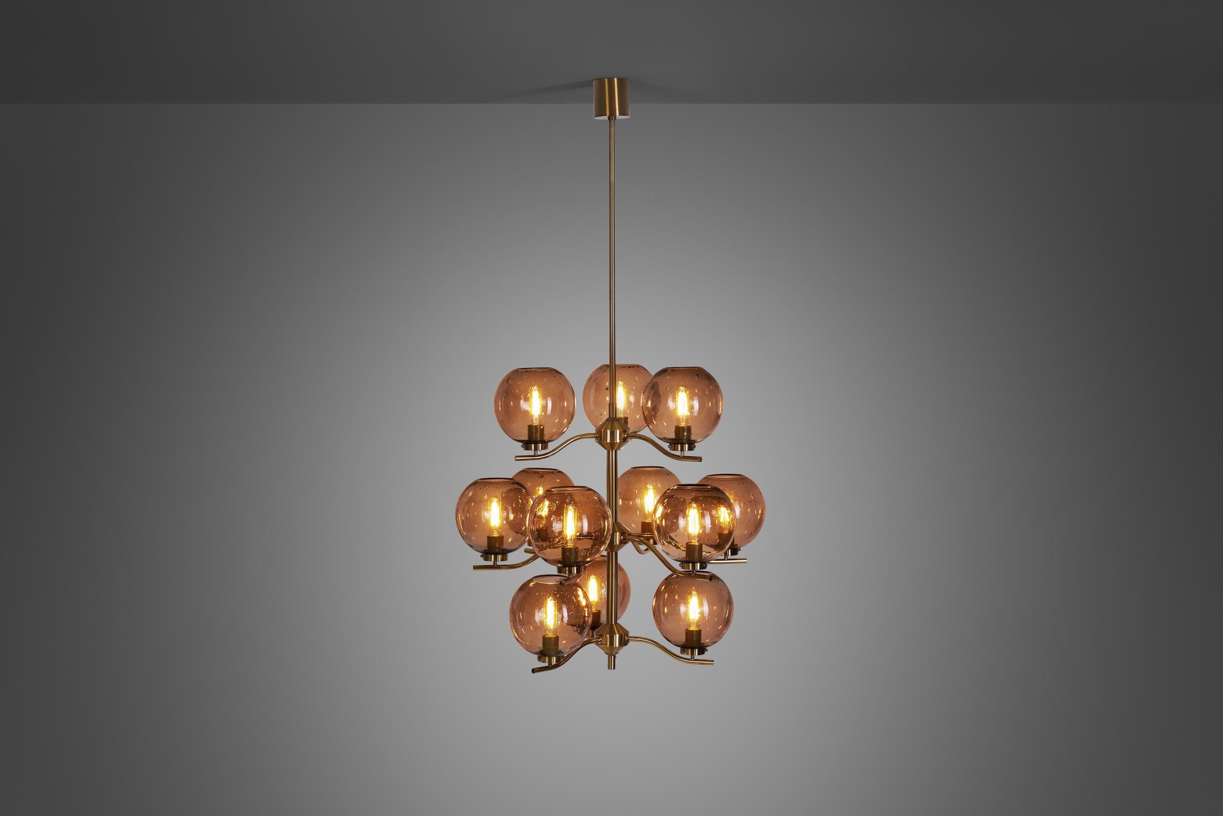 Late 20th Century Holger Johansson Brass Chandelier with 12 Glass Shades for Westal, Sweden 1970s For Sale