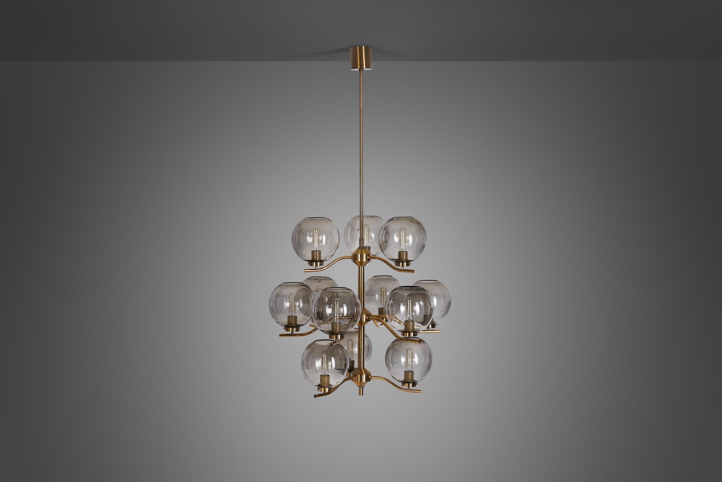 Holger Johansson Brass Chandelier with 12 Glass Shades for Westal, Sweden 1970s For Sale 1