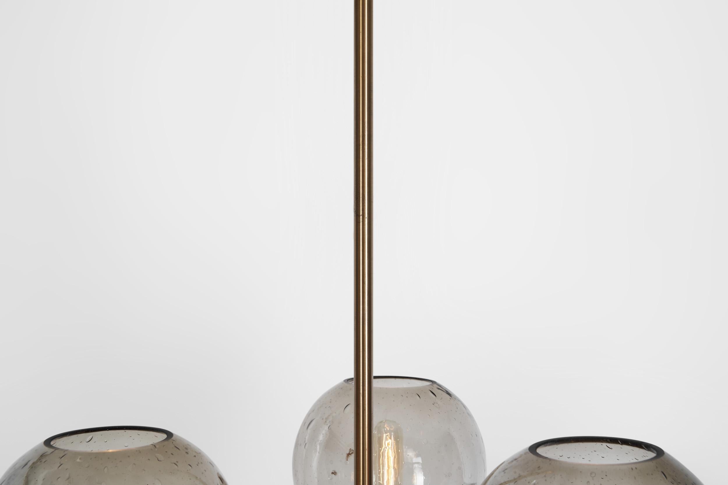 Holger Johansson Brass Chandelier with 12 Smoked Glass Shades, Sweden 1970s 4