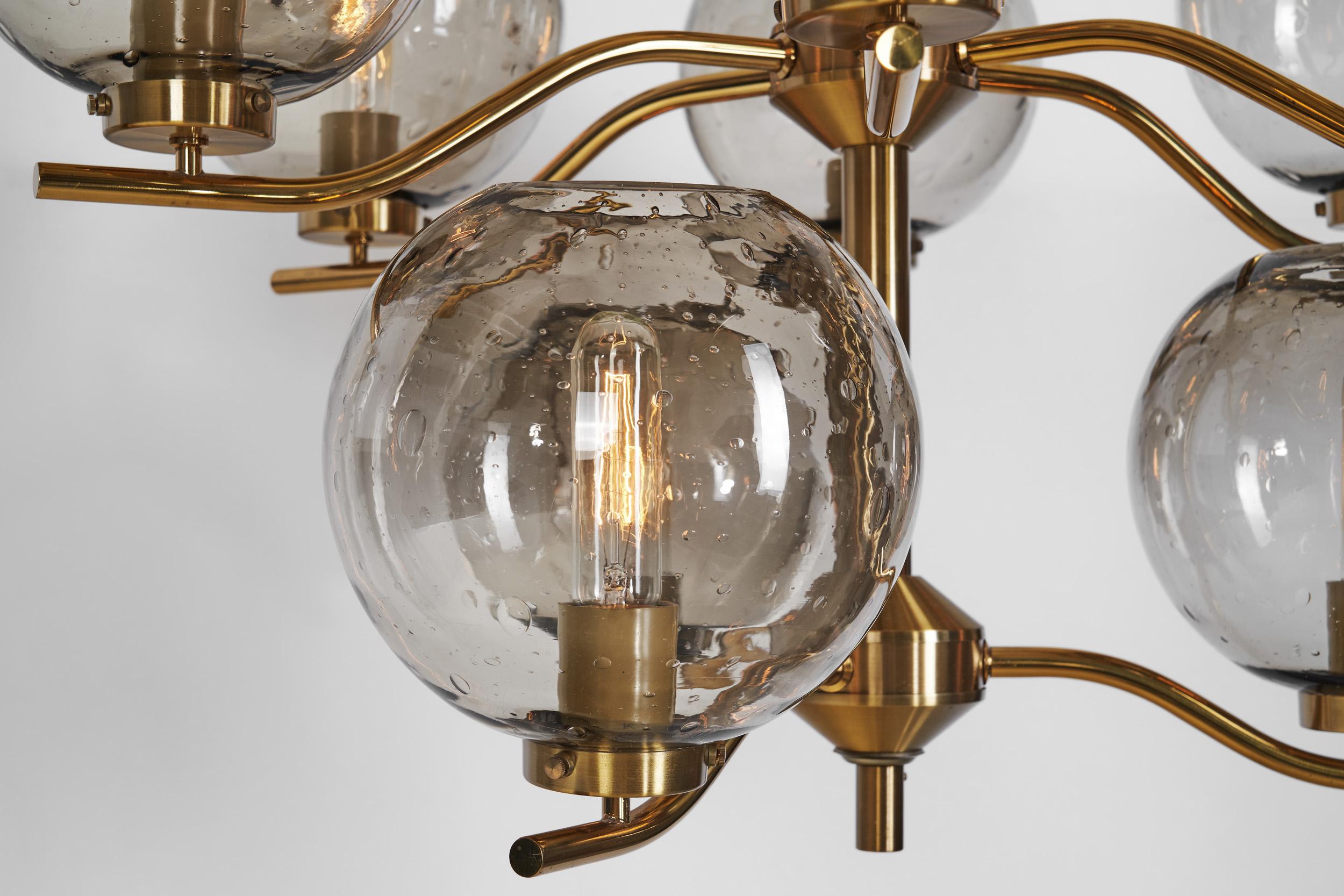 Holger Johansson Brass Chandelier with 12 Smoked Glass Shades, Sweden 1970s 5