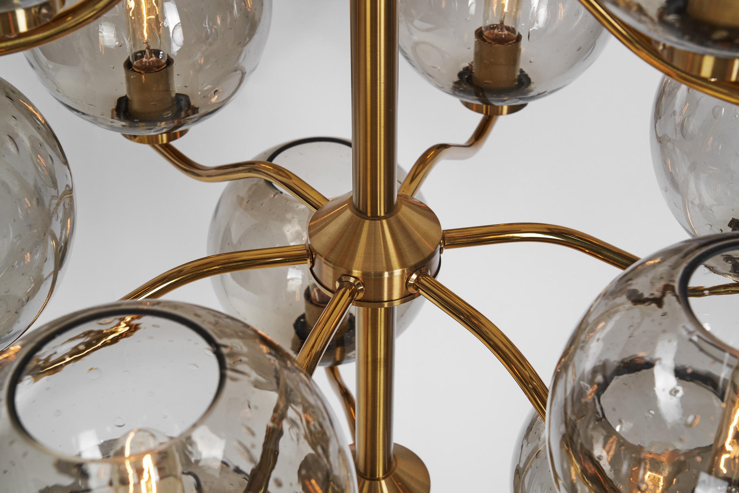 Holger Johansson Brass Chandelier with 12 Smoked Glass Shades, Sweden 1970s 8