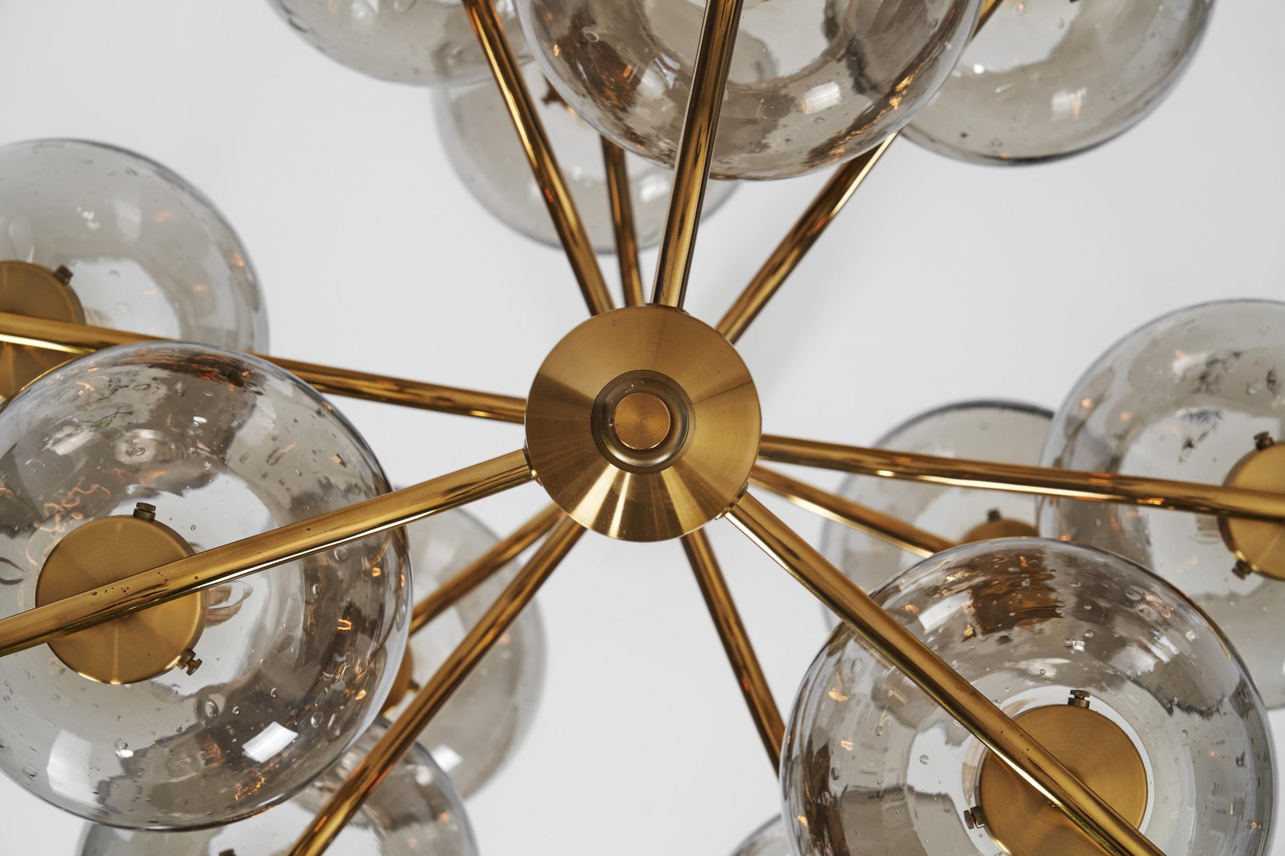 Holger Johansson Brass Chandelier with 12 Smoked Glass Shades, Sweden 1970s 10