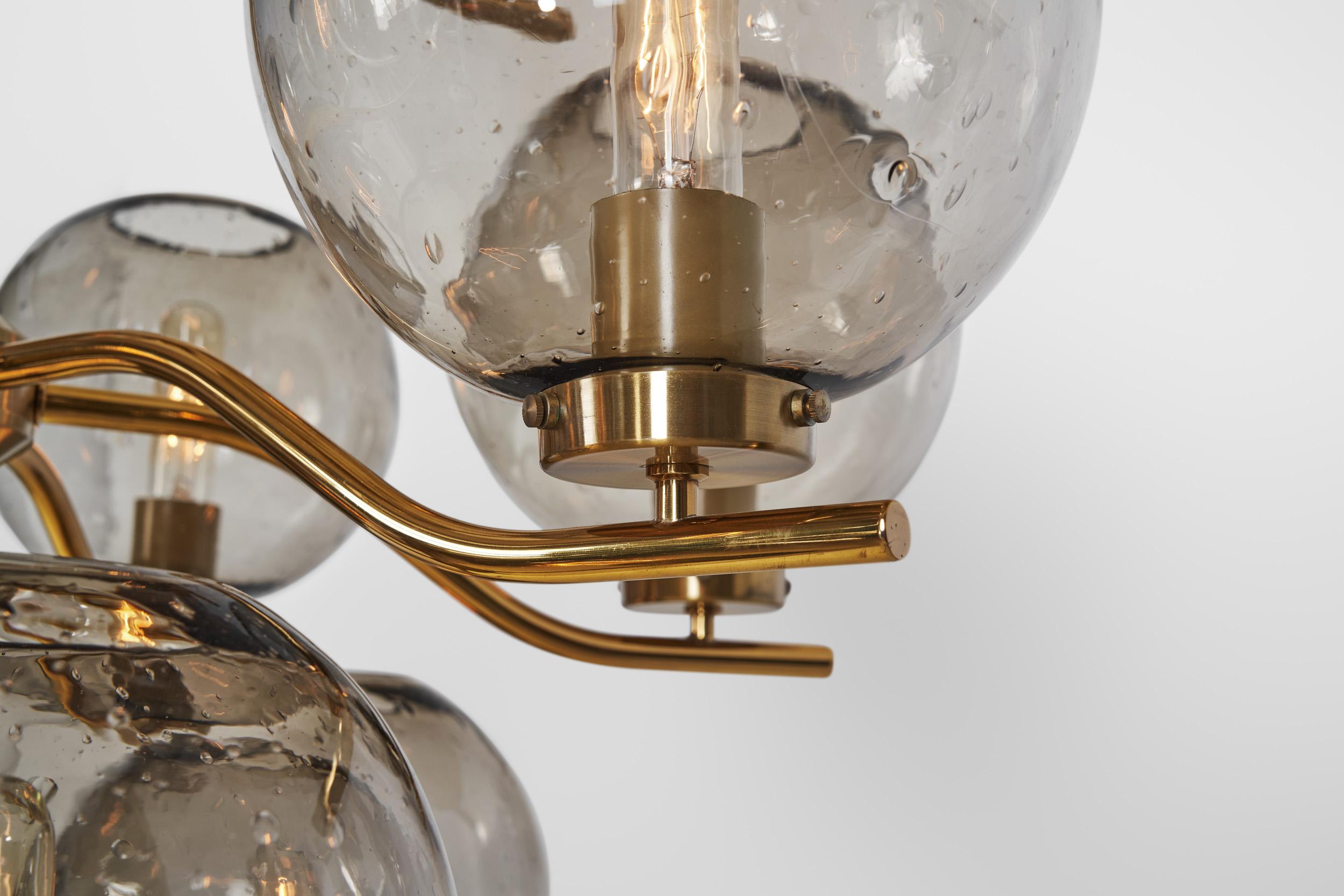 Holger Johansson Brass Chandelier with 12 Smoked Glass Shades, Sweden 1970s 11