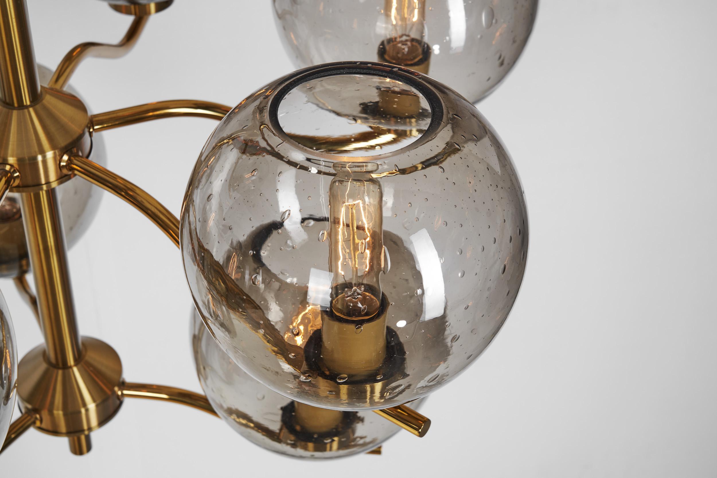 Holger Johansson Brass Chandelier with 12 Smoked Glass Shades, Sweden 1970s 12