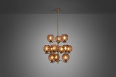 Holger Johansson Brass Chandelier with 12 Smoked Glass Shades, Sweden 1970s