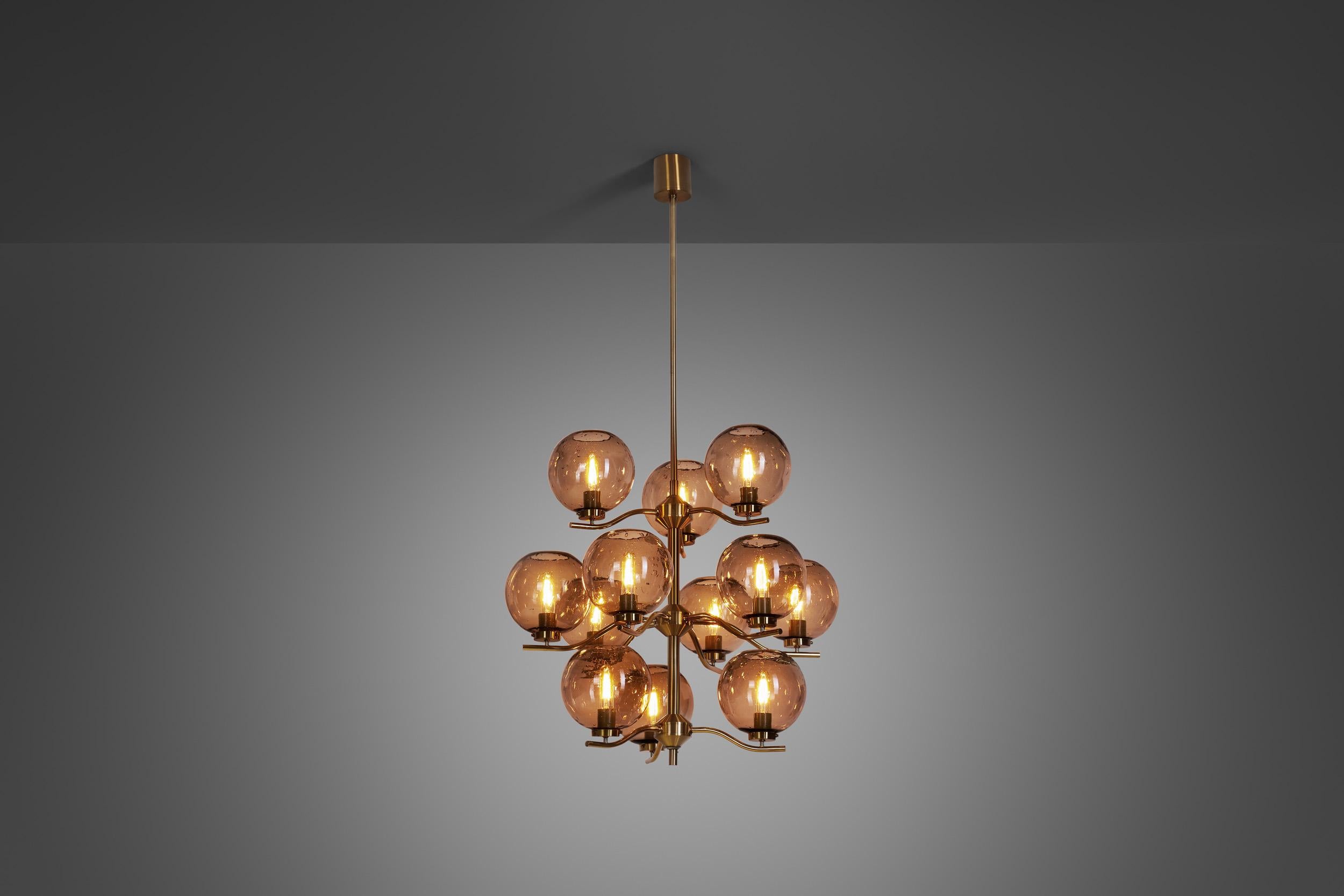 Swedish Holger Johansson Brass Chandelier with 12 Smoked Glass Shades, Sweden 1970s