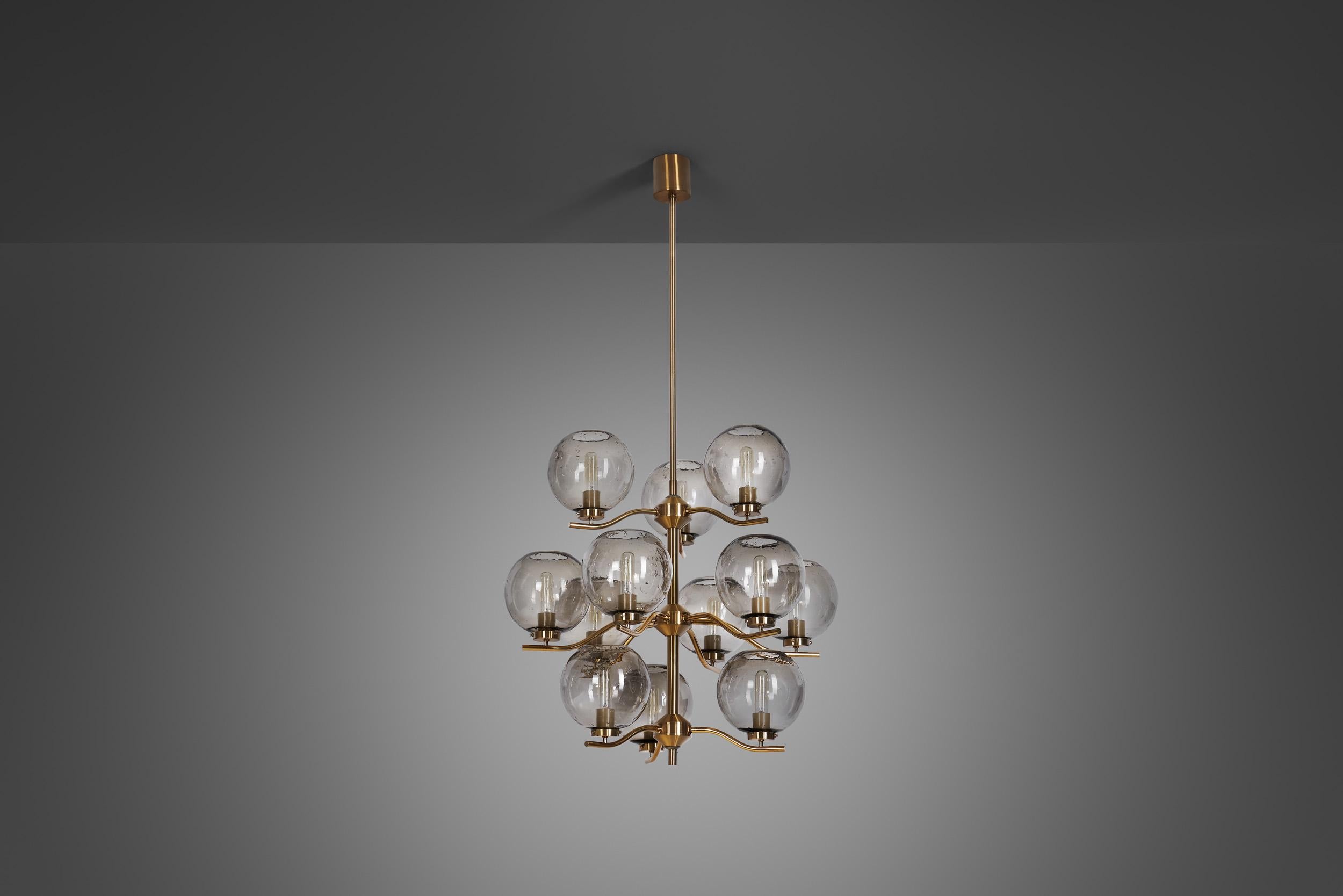 Holger Johansson Brass Chandelier with 12 Smoked Glass Shades, Sweden 1970s In Good Condition In Utrecht, NL