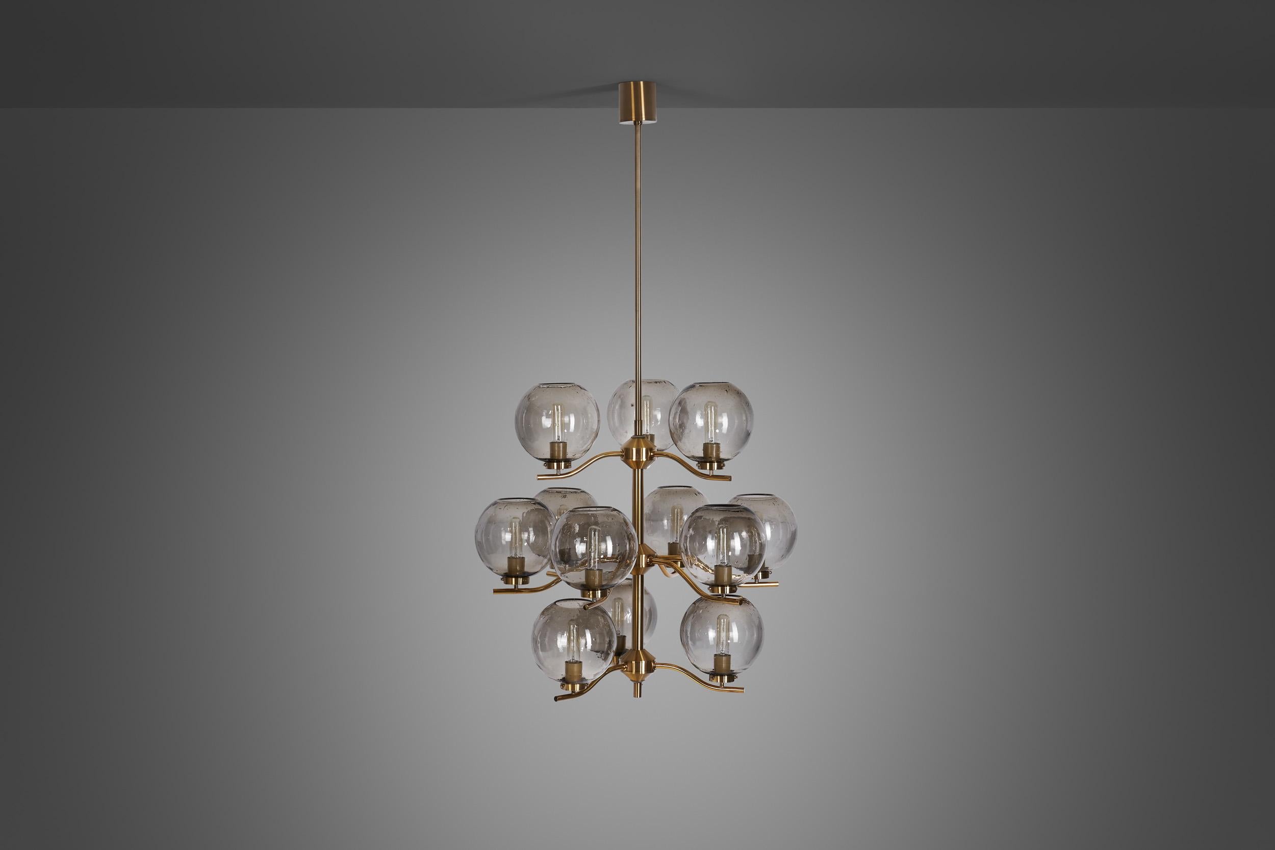 Holger Johansson Brass Chandelier with 12 Smoked Glass Shades, Sweden 1970s 1