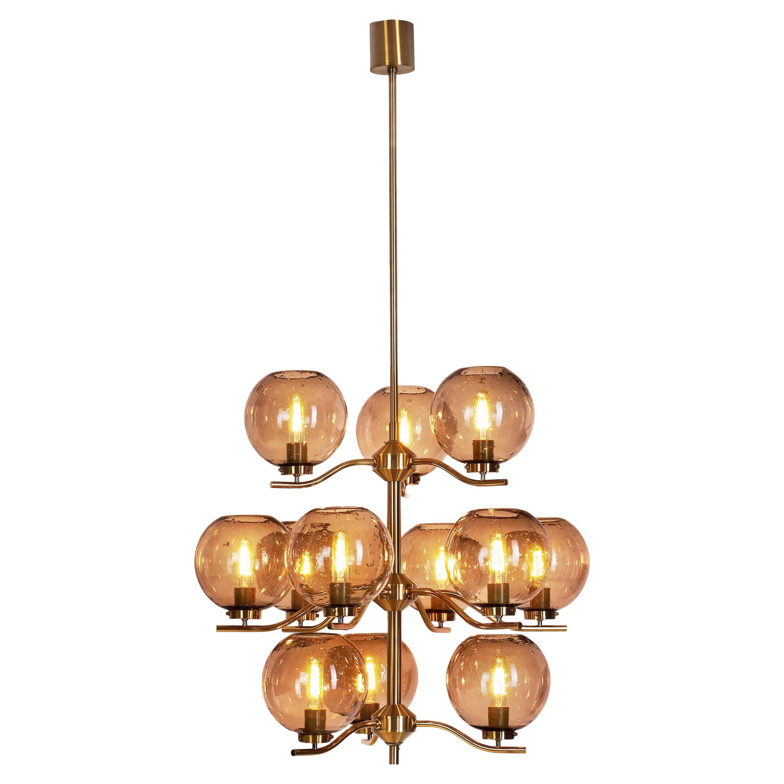 Holger Johansson Brass Chandelier with 12 Smoked Glass Shades, Sweden 1970s