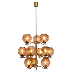 Vintage Holger Johansson Brass Chandelier with 12 Smoked Glass Shades, Sweden 1970s
