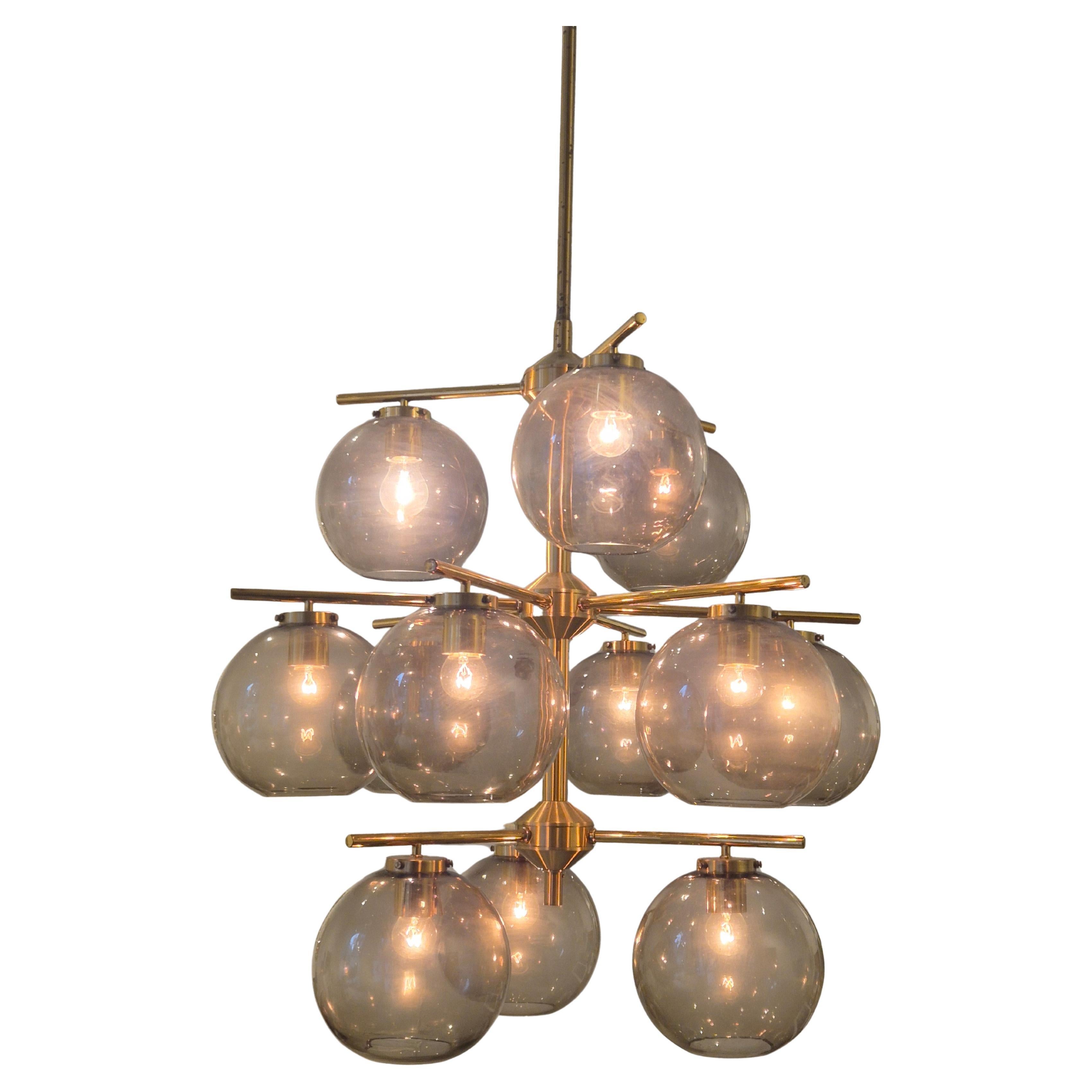 Holger Johansson, chandelier in brass and grey glass, Scandinavian Modern