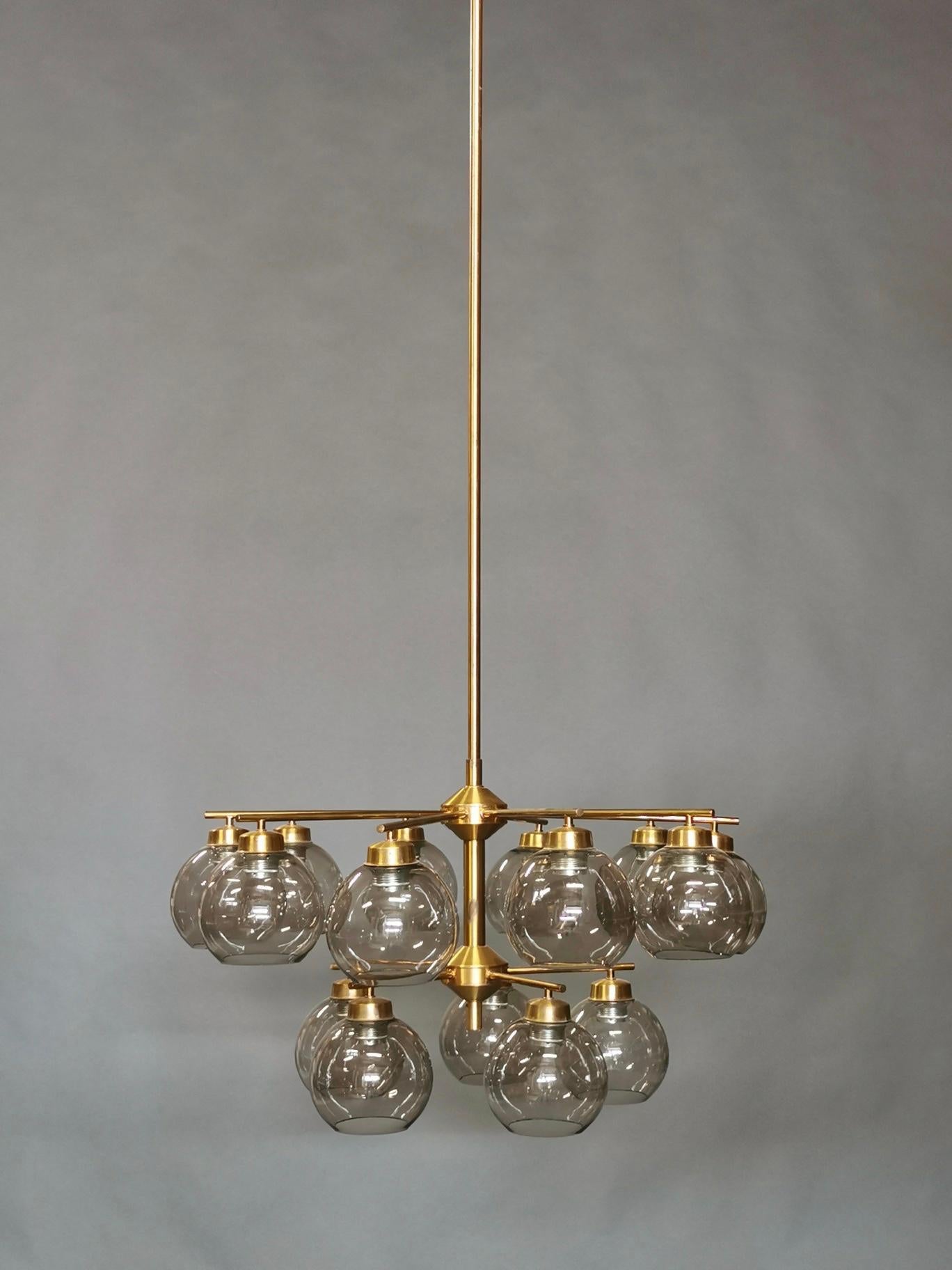 Swedish Holger Johansson, Chandelier in Brass and Smoked Glass, Sweden, 1950s