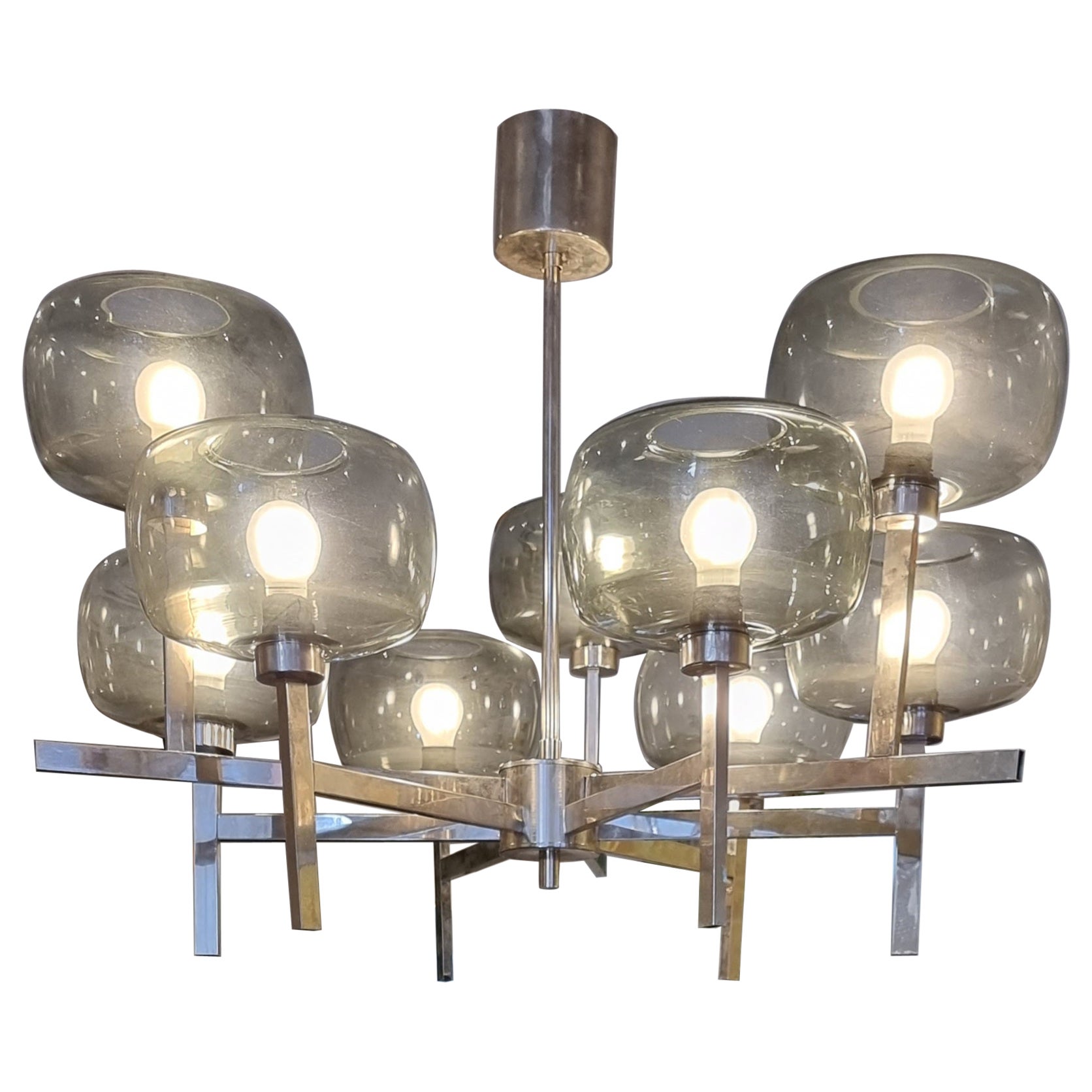 Holger Johansson, chandelier, Scandinavian Modern / Midcentury, chrome & glass
