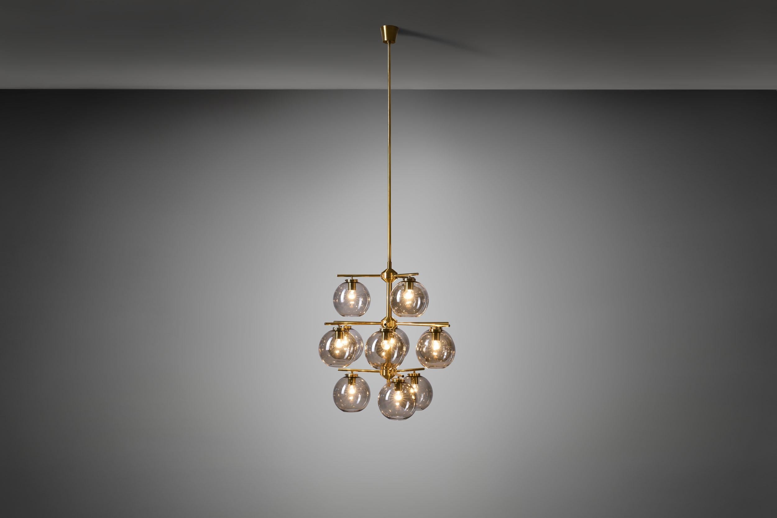 Scandinavian Modern Holger Johansson Chandelier with 12 Smoked Glass Shades for Westal, Sweden 1960s