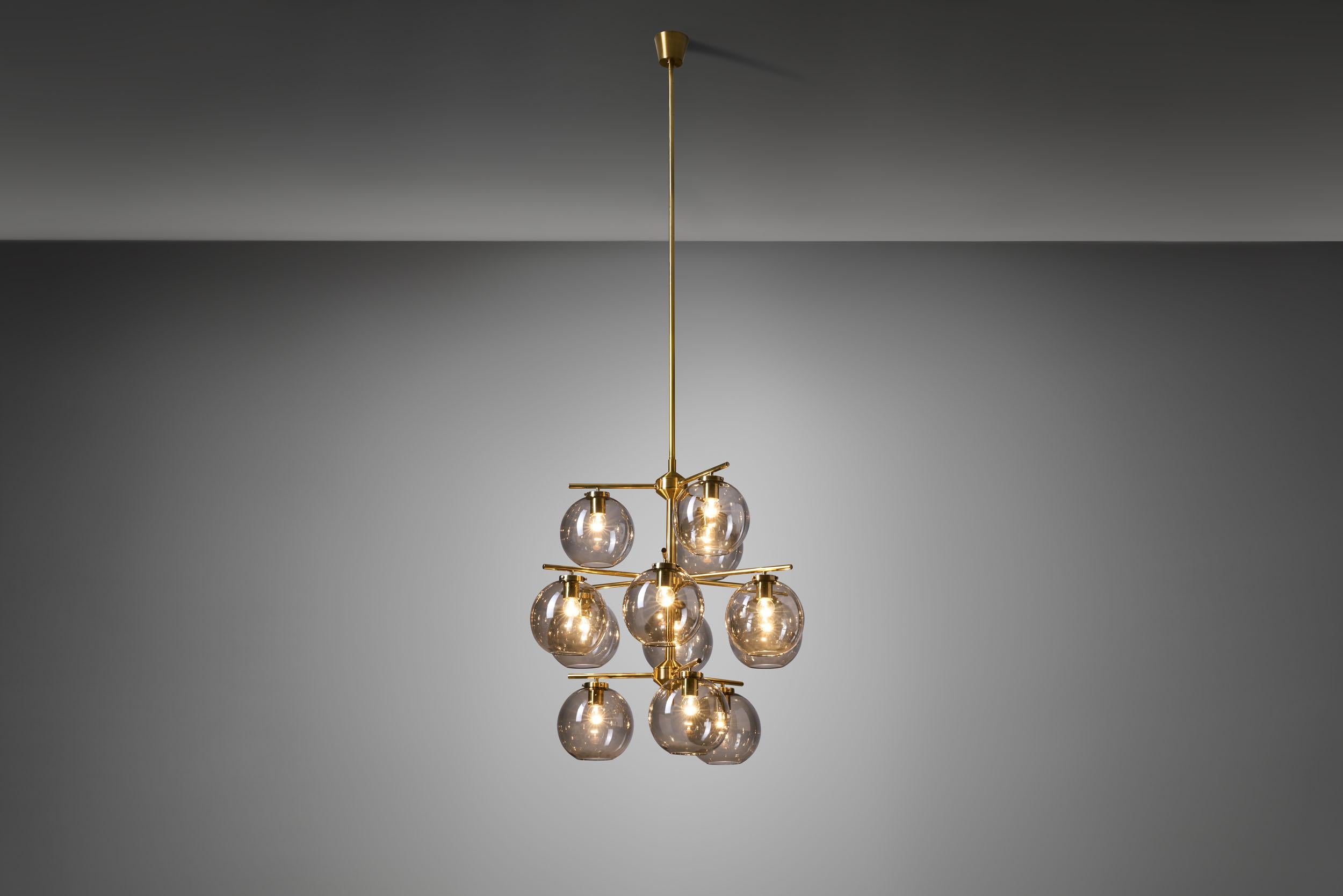Swedish Holger Johansson Chandelier with 12 Smoked Glass Shades for Westal, Sweden 1960s