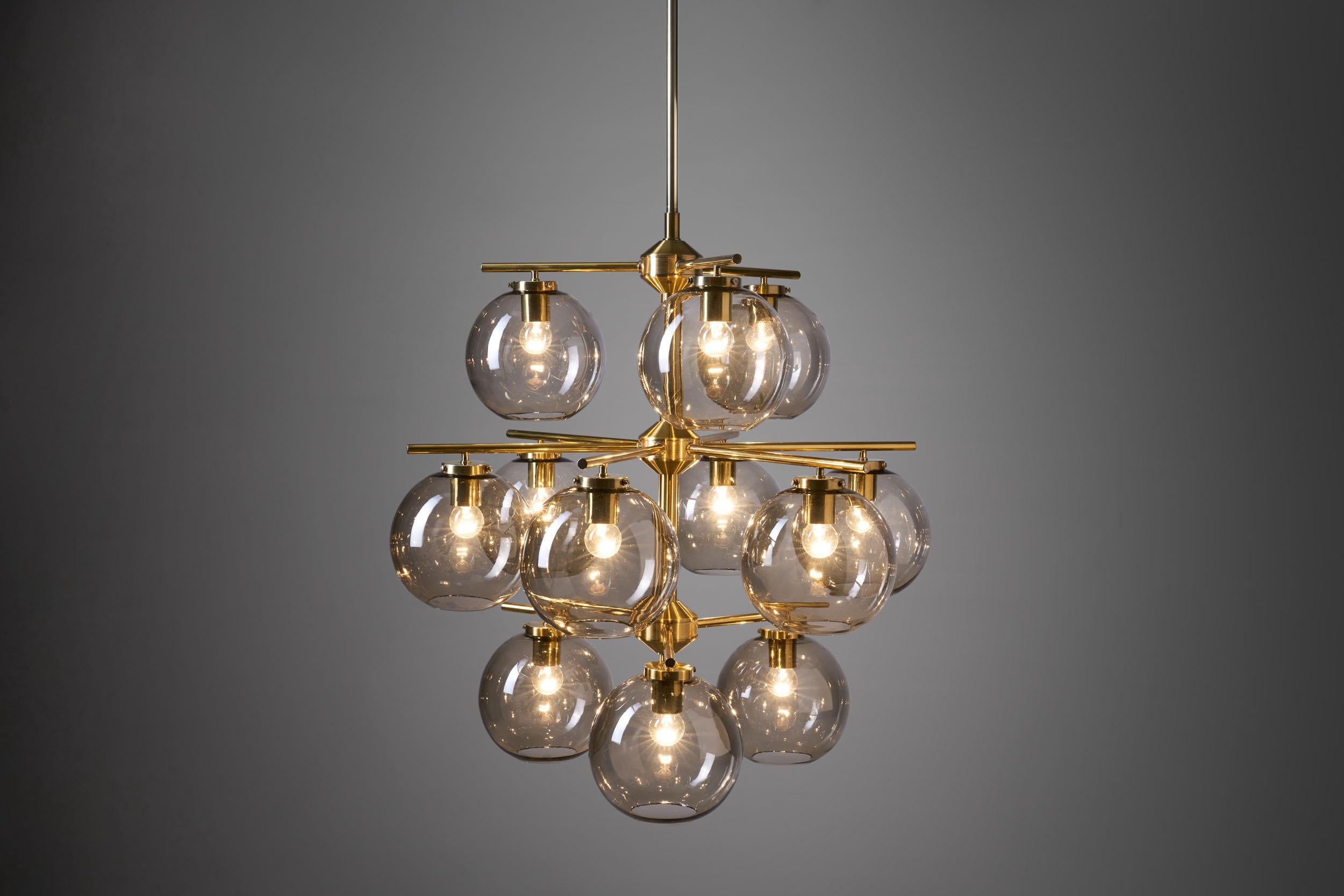 Holger Johansson Chandelier with 12 Smoked Glass Shades for Westal, Sweden 1960s In Good Condition In Utrecht, NL
