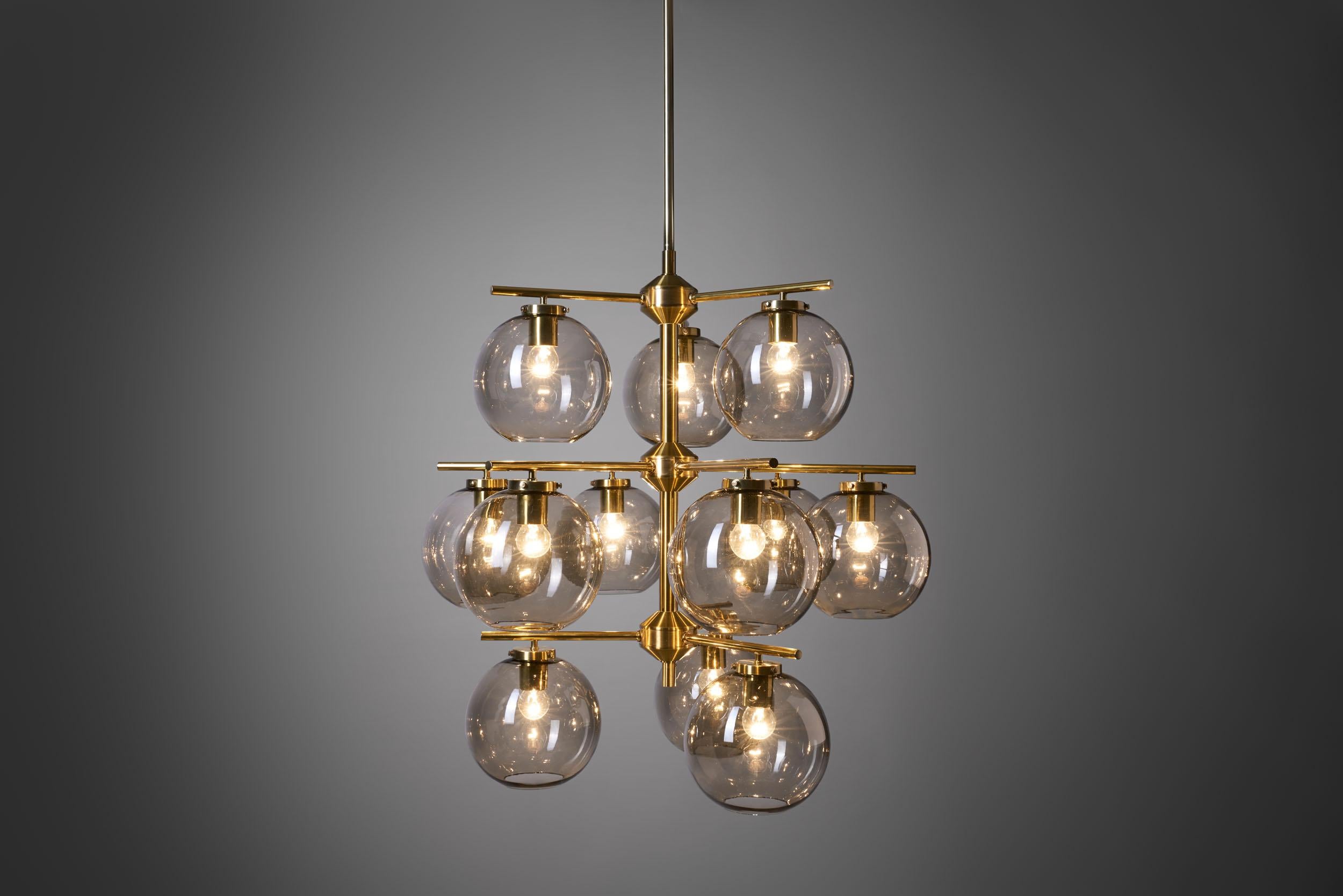 Mid-20th Century Holger Johansson Chandelier with 12 Smoked Glass Shades for Westal, Sweden 1960s