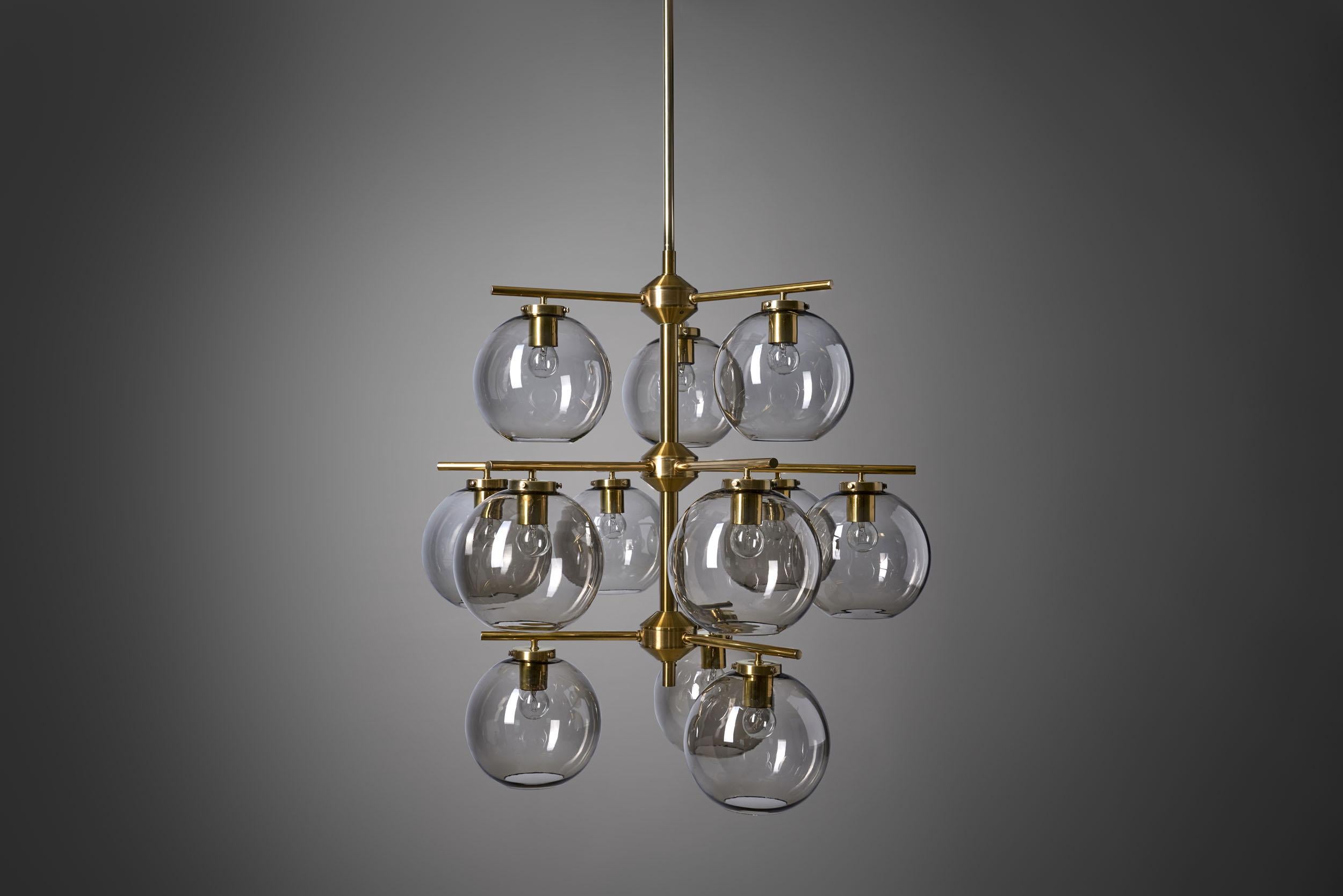 Brass Holger Johansson Chandelier with 12 Smoked Glass Shades for Westal, Sweden 1960s