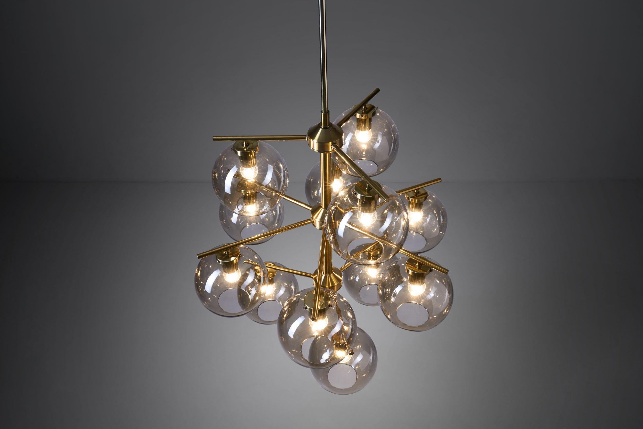 Holger Johansson Chandelier with 12 Smoked Glass Shades for Westal, Sweden 1960s 1
