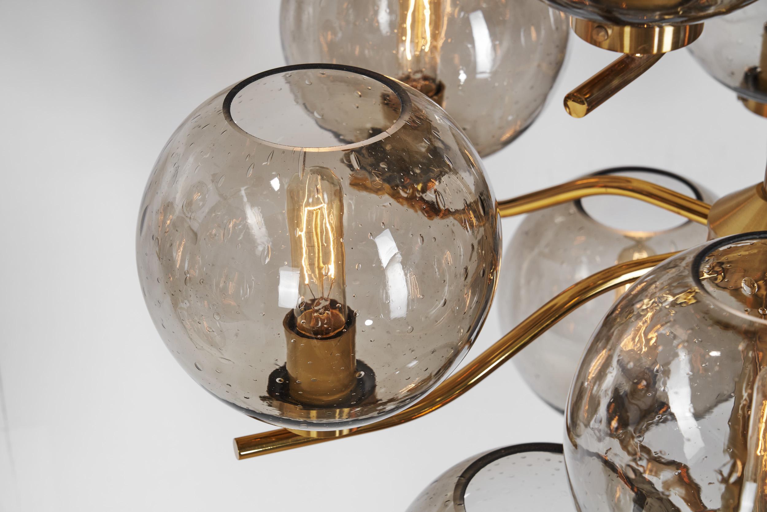 Holger Johansson Chandeliers with 12 Smoked Glass Shades, Sweden 1970s For Sale 3