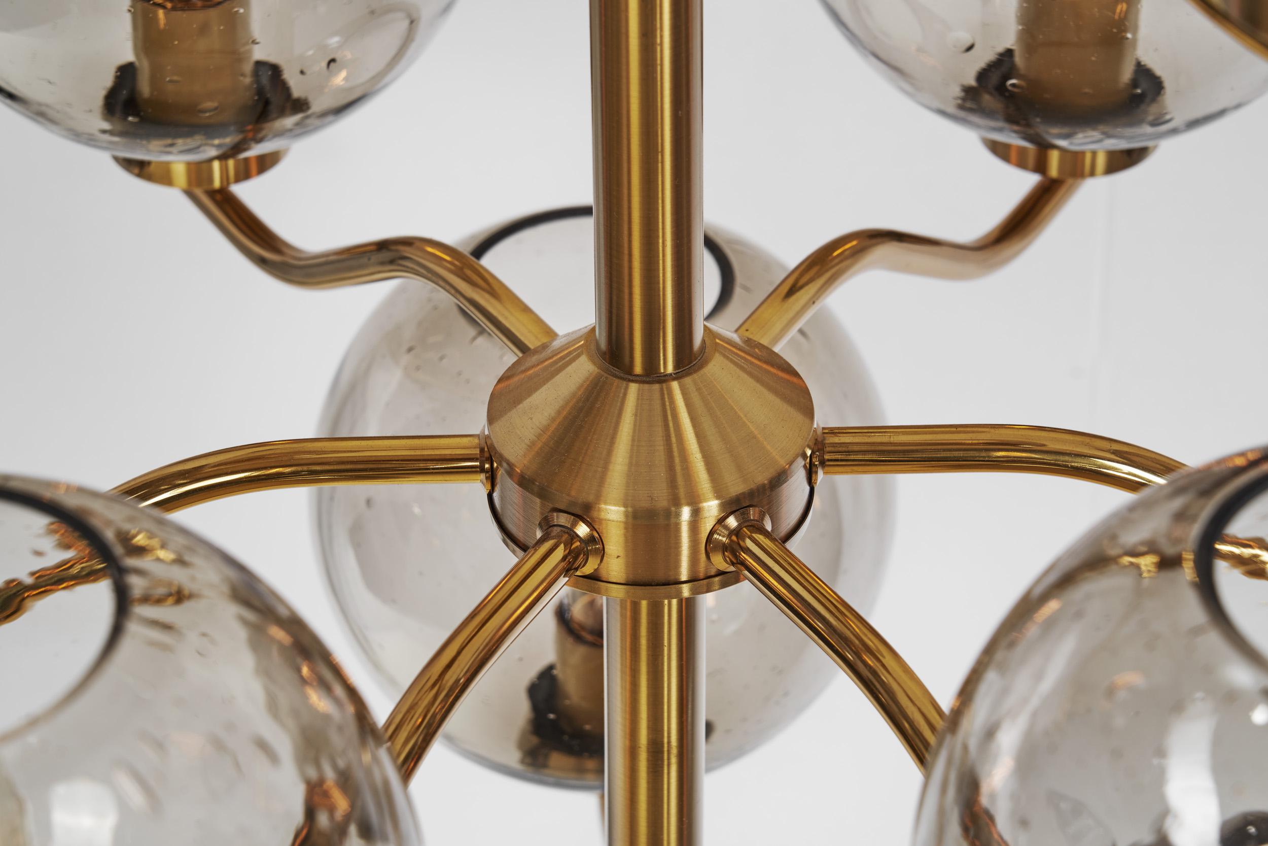 Holger Johansson Chandeliers with 12 Smoked Glass Shades, Sweden 1970s For Sale 5
