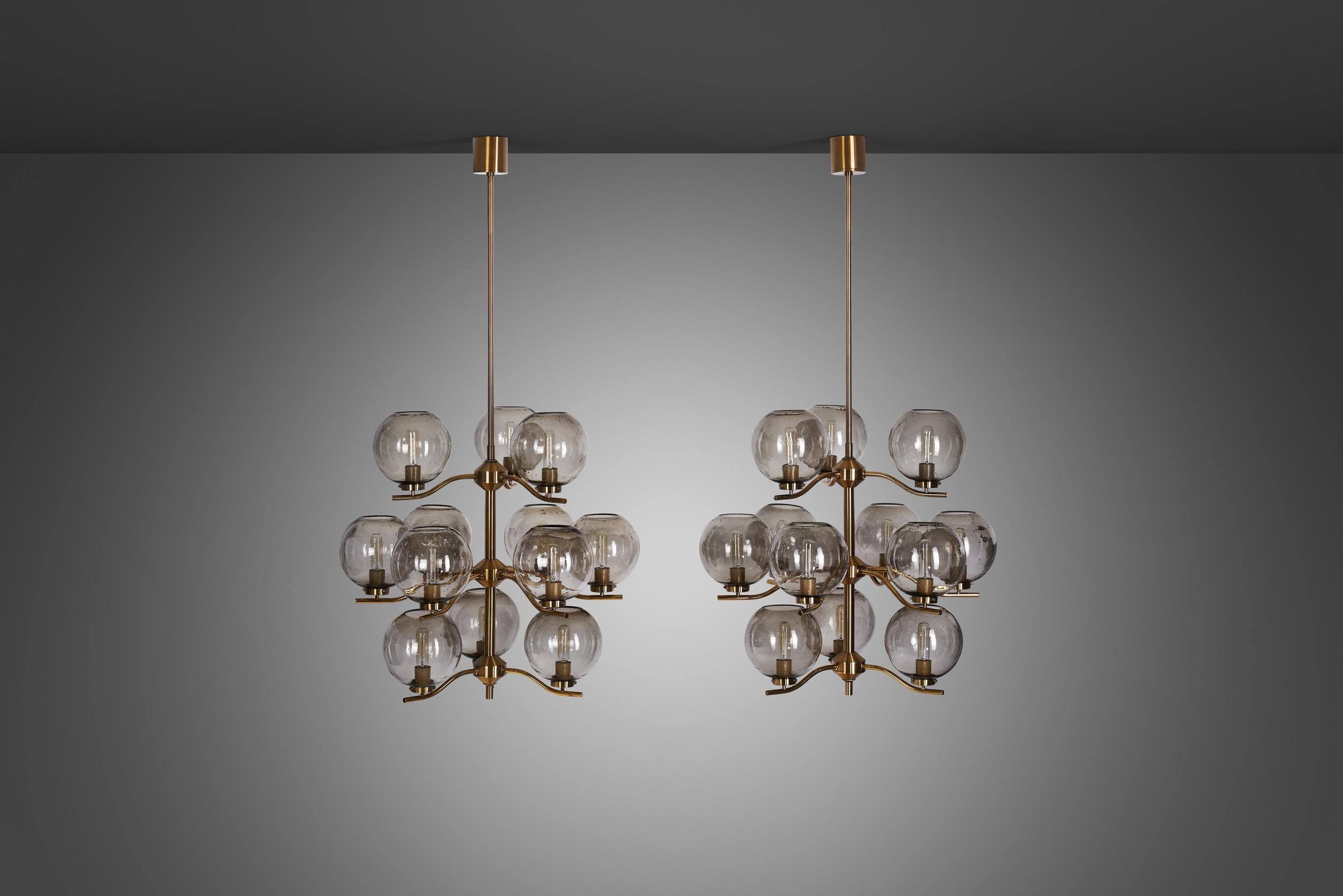 Scandinavian Modern Holger Johansson Chandeliers with 12 Smoked Glass Shades, Sweden 1970s For Sale