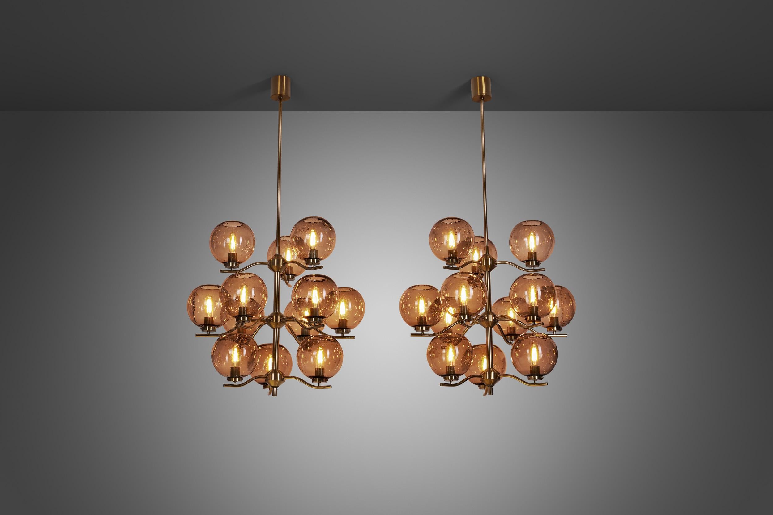 Swedish Holger Johansson Chandeliers with 12 Smoked Glass Shades, Sweden 1970s For Sale