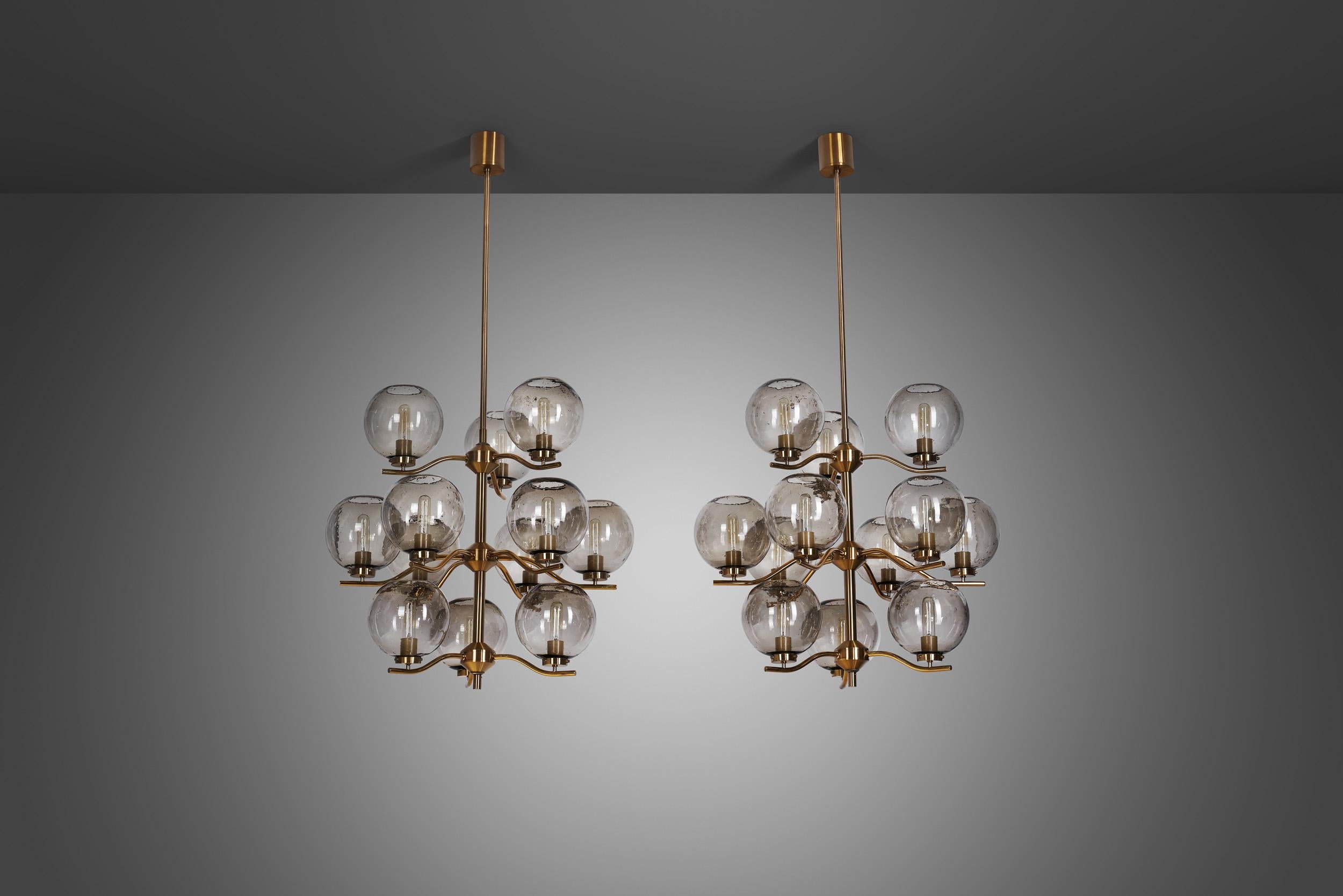 Holger Johansson Chandeliers with 12 Smoked Glass Shades, Sweden 1970s In Good Condition For Sale In Utrecht, NL
